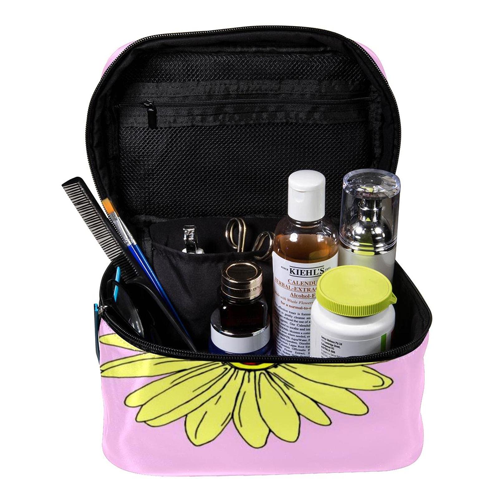 **Yellow Sunflowers Pink Pattern Large Travel Makeup Bag for Women & Girls – Waterproof Cosmetic Organizer with Zipper, Perfect for Toiletries, Gym, and Vacation**