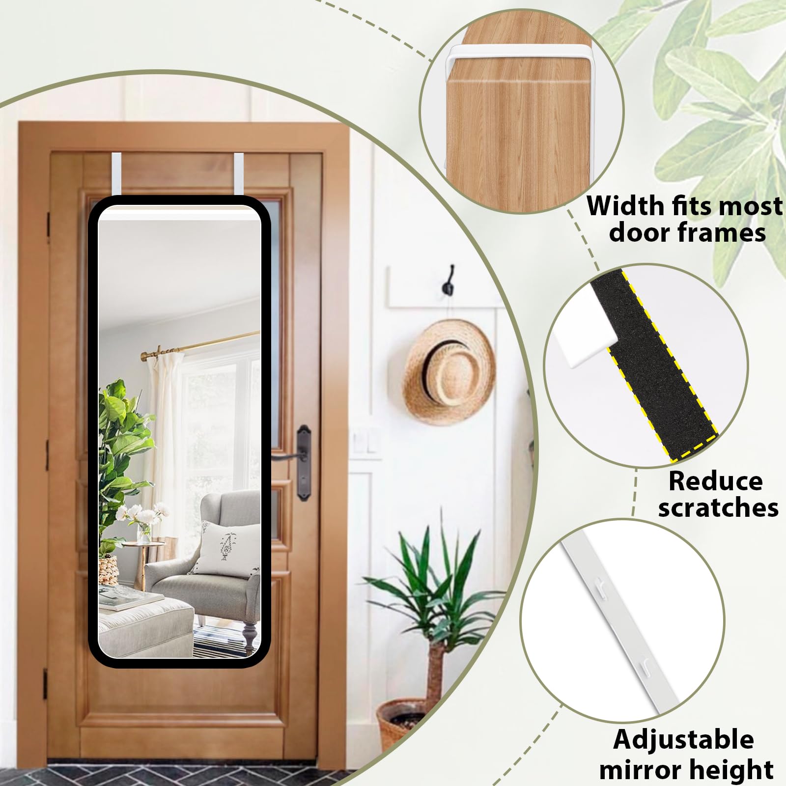 Over-The-Door Mirror Hanger - Adjustable 13.6 Inch White Door Mirror Bracket with Protective Lining (2 Pack) - Scratch-Resistant Design for Perfect Height & Fit - Ideal for Bedroom, Bathroom & Closet Organization (Mirror Not Included)