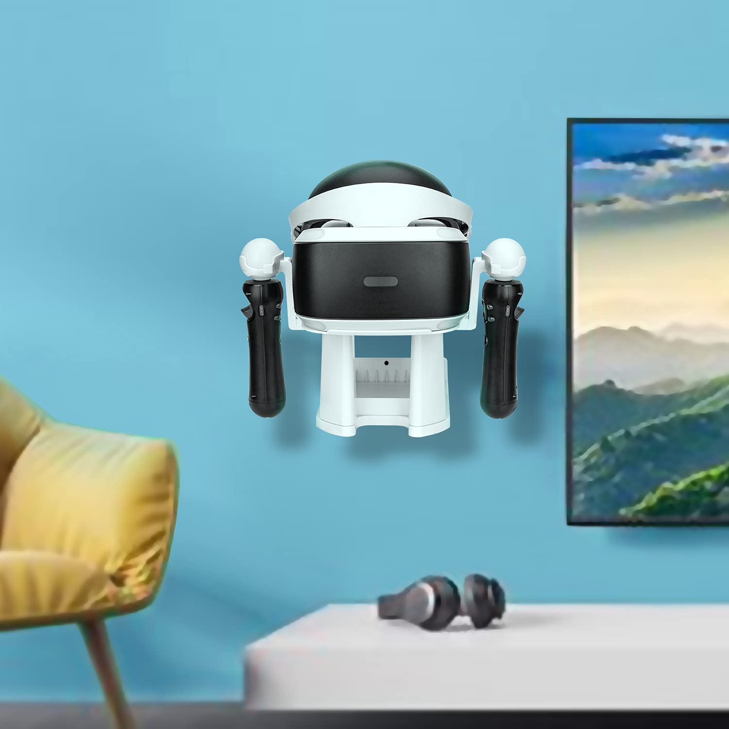 5-in-1 VR Stand & Wall Mount Kit for Oculus Quest 2/Rift/GO/PS VR/HTC Vive - Headset & Controller Holder with Cable Management (White) - Perfect for Gaming Setup & VR Accessories Organization