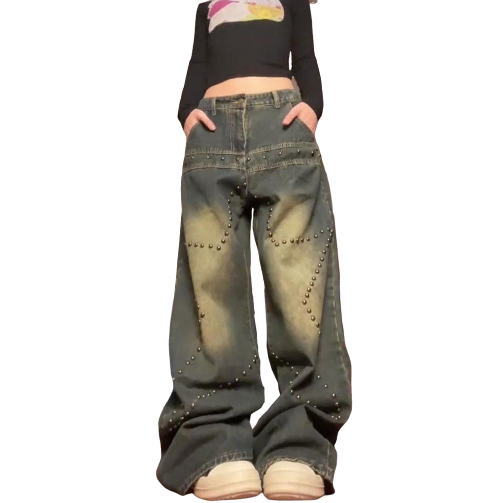 Y2K Retro Washed Women's Jeans with Star Studs - Loose Fit Straight Leg Pants for Casual Wear & Street Style Outfits