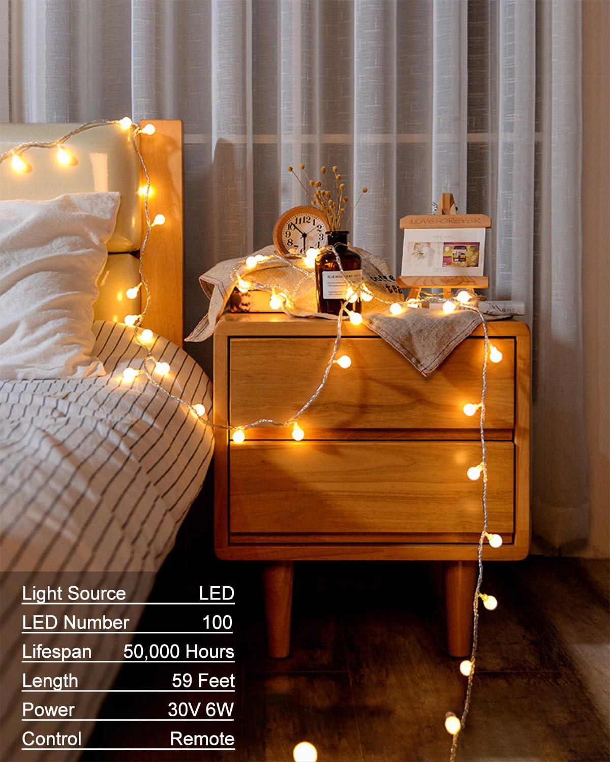 100 LED Globe String Lights - 59 Ft Plug-in Christmas Lights with Remote Timer, Connectable 0.71