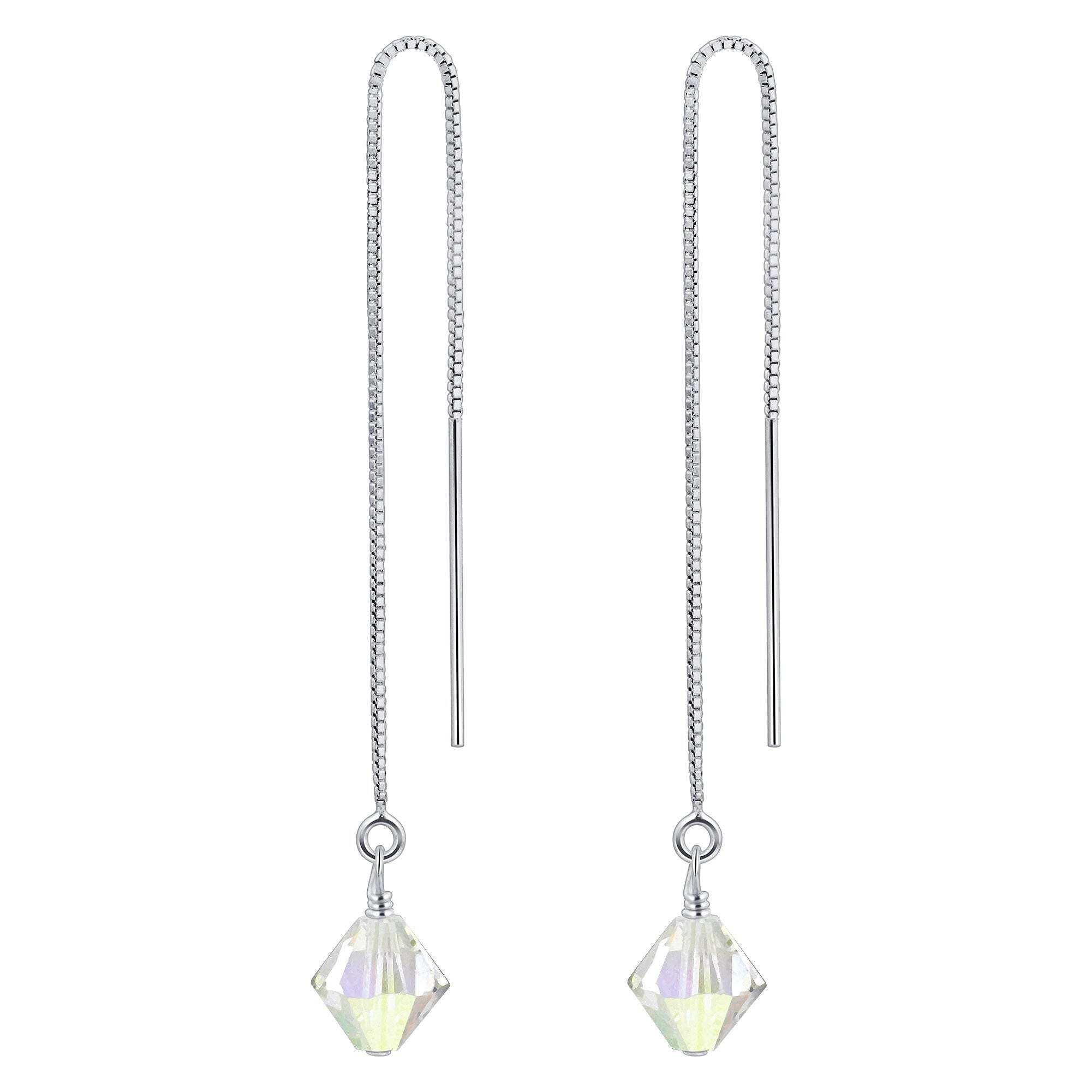 925 Silver Threader Drop Earrings with Austrian Crystals - Elegant Party Jewelry