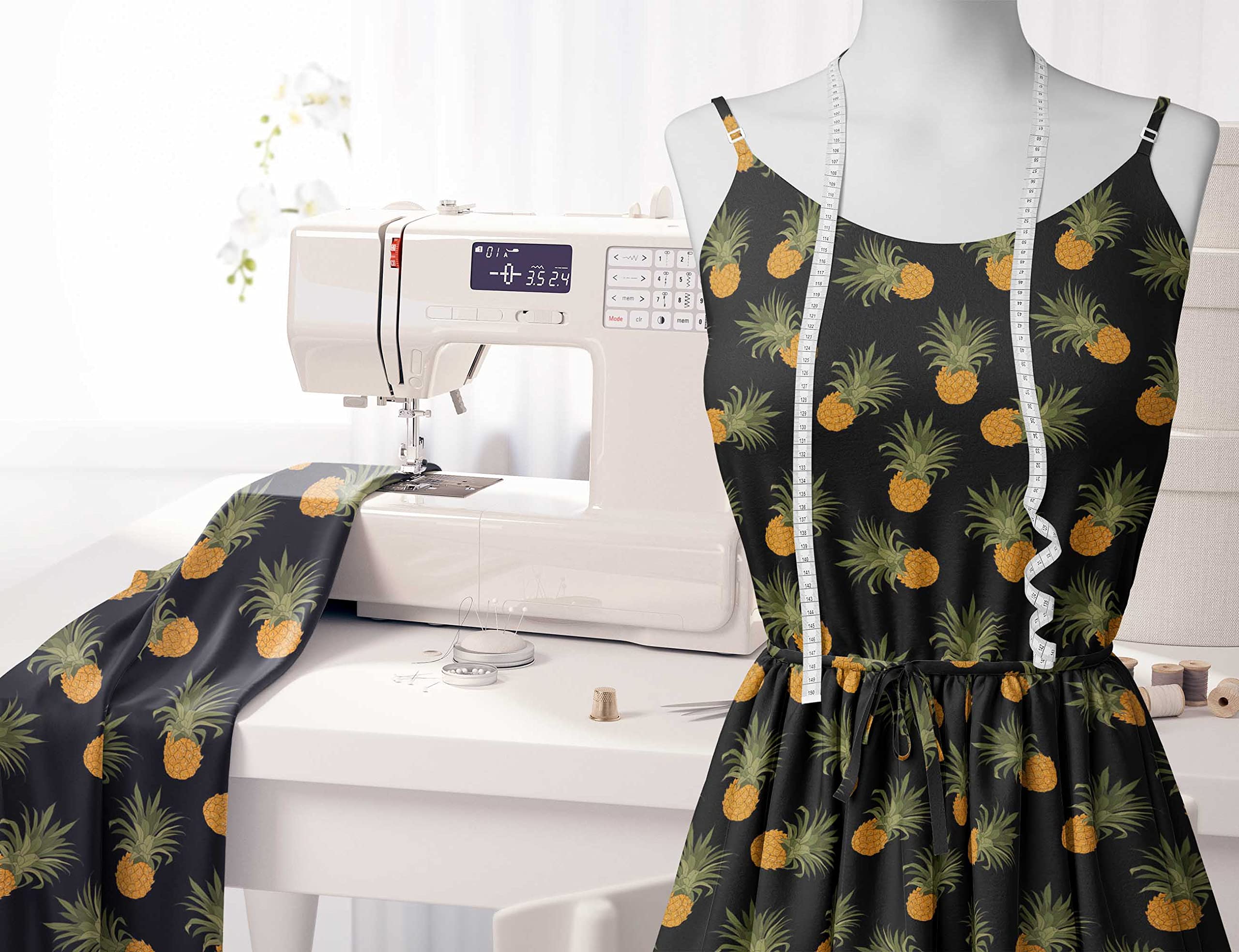 Soimoi Black Polyester Crepe Fabric by The Yard - 42 Inch Wide Tropical Pineapple Print Fabric for Fashion Apparel, Dresses, Home Decor & DIY Projects - Perfect for Summer Outfits, Curtains, Pillows & Crafting
