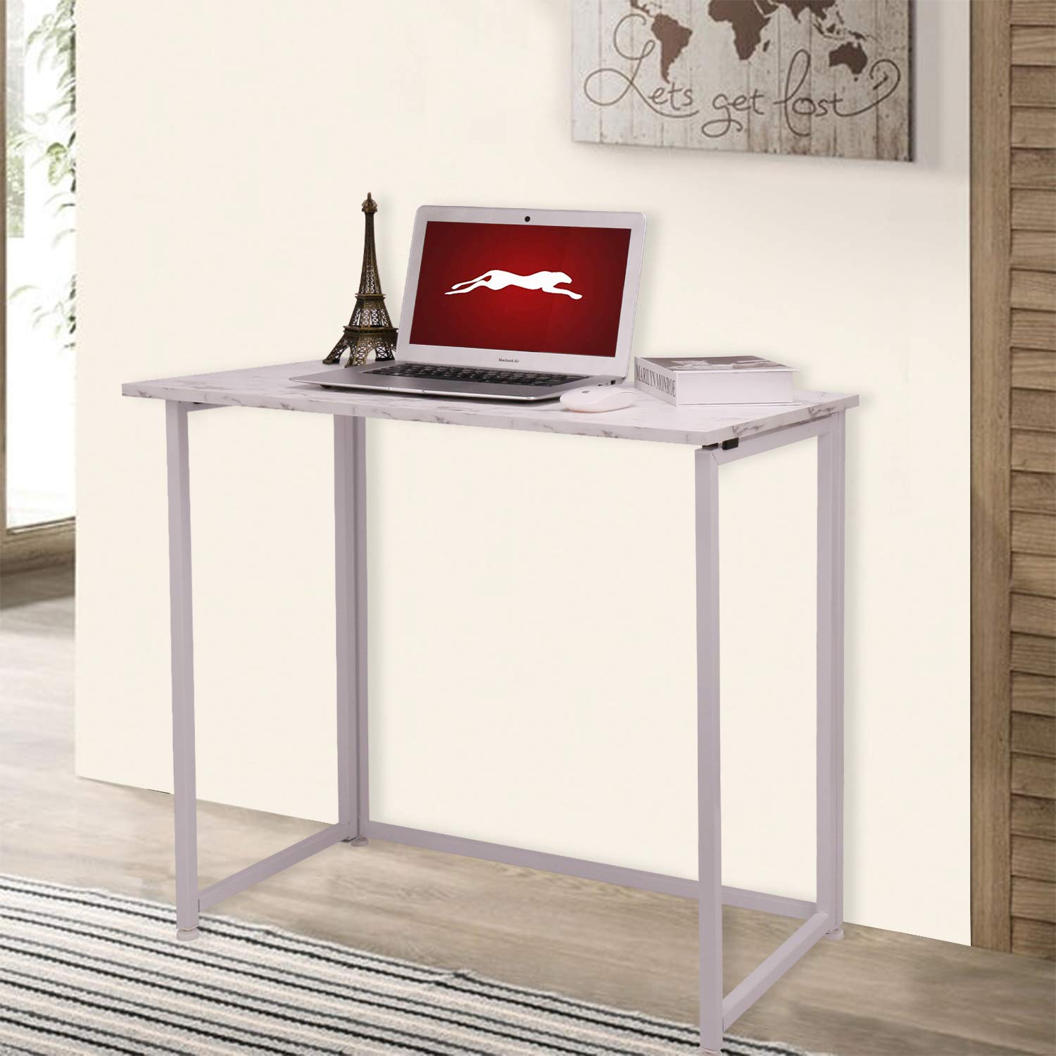 Leopard Outdoor Folding Computer Desk - Space-Saving Home Office Desk, Foldable Laptop Table, Compact Study & Reading Desk in Marble White - Ideal for Small Spaces, Dorm Rooms & Apartments