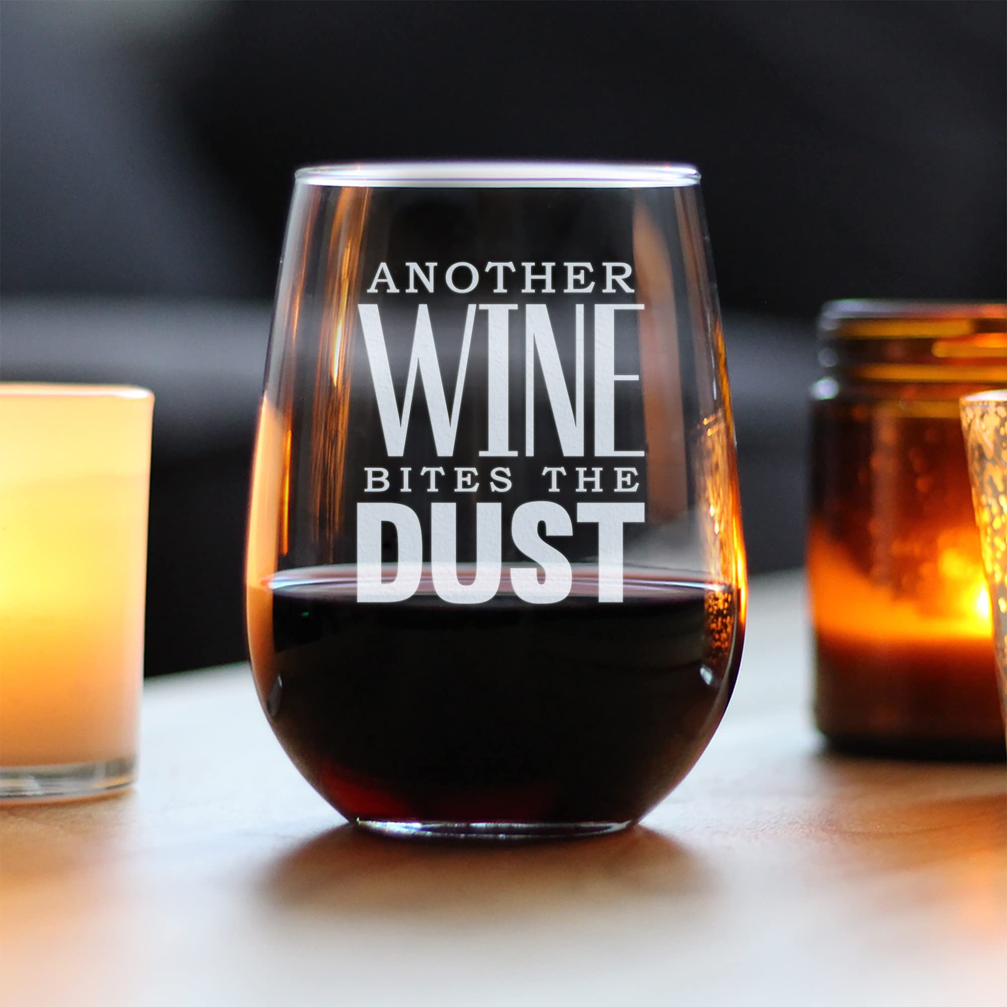 Bites the Dust - Funny Stemless Wine Glass with Etched Sayings | 15oz Large Wine Cup | Gift Box Included | Perfect for Parties, Bachelorette Gifts & Home Decor