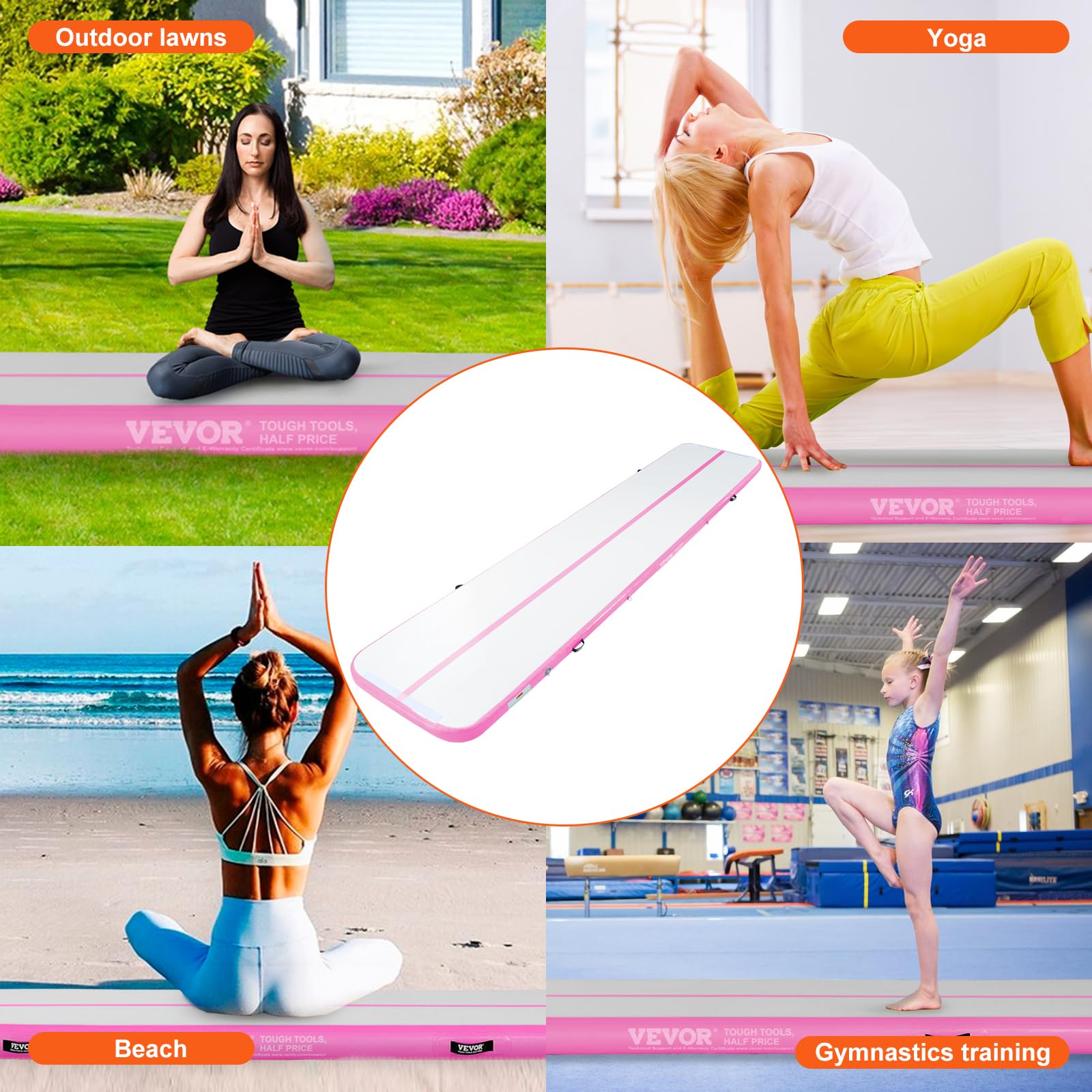VEVOR Inflatable Gymnastics Air Mat with Electric Pump - Portable Training Mat for Home, Gym, Yoga, Cheerleading - Perfect for Beach, Park & Water Activities | Great for Kids Play, Fitness Training & Outdoor Fun
