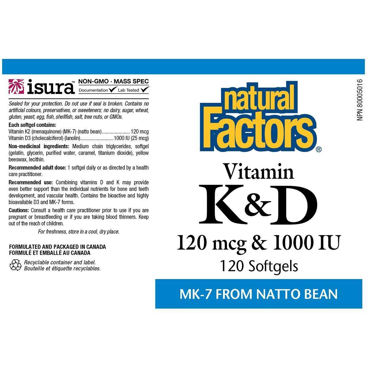 Natural Factors Vitamin K & D Supplement - 120mcg K2 + 1000 IU D3 - 120 Softgels for Bone & Heart Health - Supports Immune System & Calcium Absorption - Daily Nutrition for Adults & Seniors