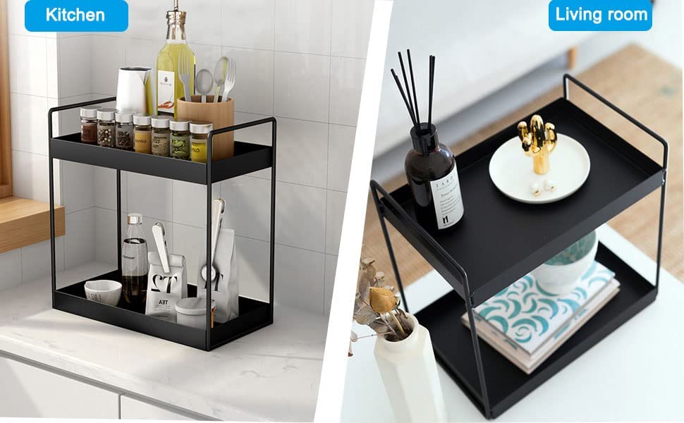 2-Tier Metal Kitchen Countertop Organizer with Cup Holder - Space-Saving Storage Rack for Spices, Utensils & Mugs - Perfect for Small Kitchens, Dining Tables & Office Desks - Black (2-Pack)