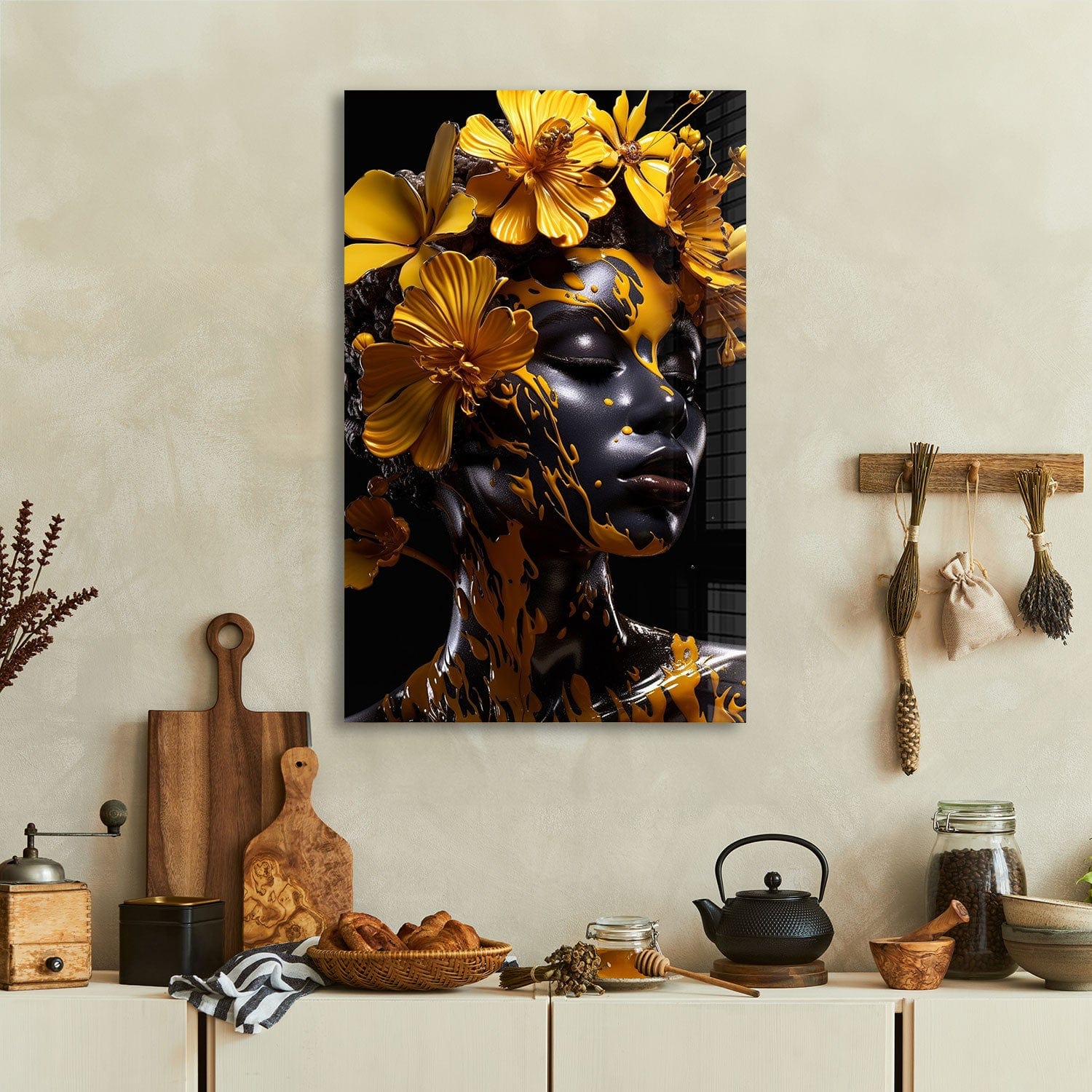 Yellow Floral Woman Tempered Glass Wall Art - Elegant Home Decor for Living Room, Bedroom & Office