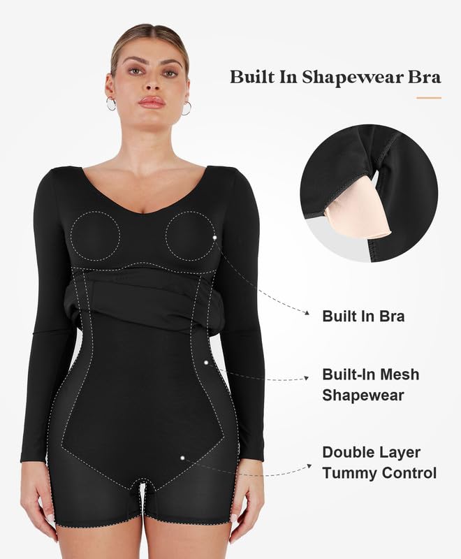 Popilush Women's Shapewear Maxi Dress - Long Sleeve V-Neck Bodycon Formal Dress with Slit | Perfect for Wedding Guest, Fall Events & Special Occasions
