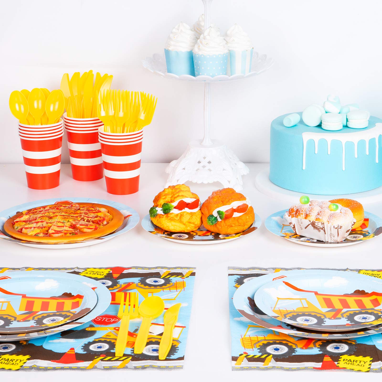 DECORLIFE Construction Theme Birthday Party Supplies Set - 112 Pieces (Plates, Cups, Napkins, Cutlery) for 16 Guests | Perfect for Boys' Construction-Themed Birthday Decorations & Kids' Construction Site Party Favors