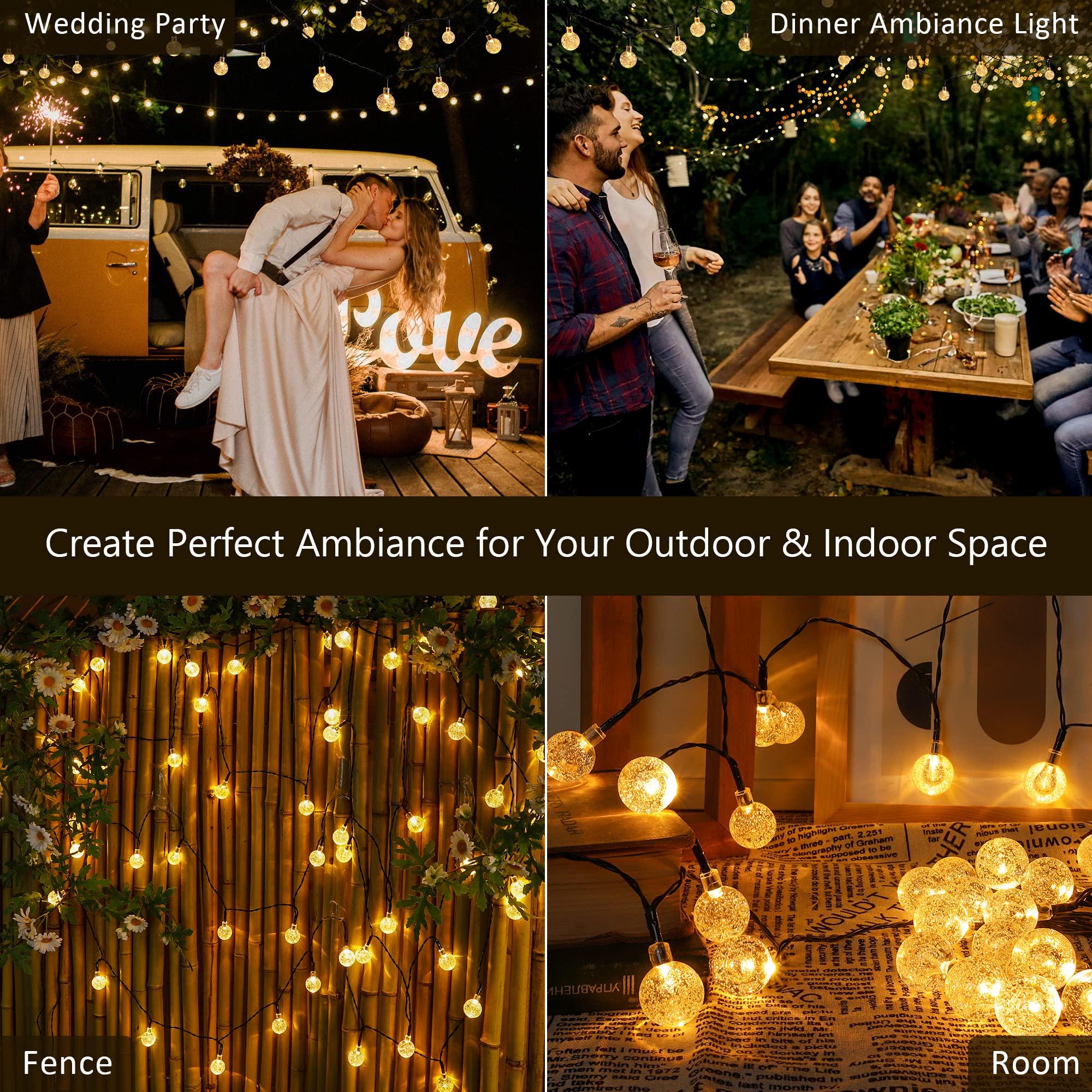 2-Pack 30 LED 20FT Solar String Lights Outdoor Waterproof - Crystal Globe Solar Powered Lights with 8 Lighting Modes for Garden, Yard, Porch, Patio, Wedding & Party Decor (Warm White) - Perfect for Backyard, Landscape Lighting and Evening Ambiance