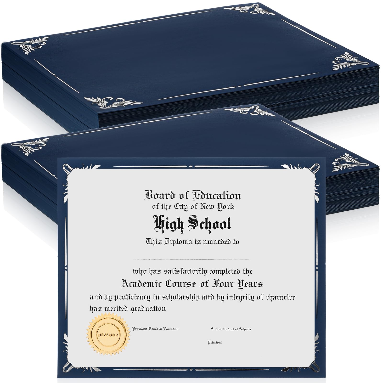Premium 100-Pack Navy & Silver Foil Border Certificate Holders - 8.5 x 11 Inch Letter Size Document Covers for Awards, Diplomas, Graduation, Marriage & School Events - Acid-Free Archival Quality for Professional Presentations