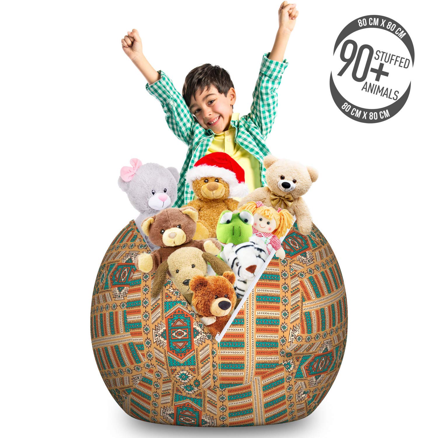 Ambesonne Bohemian Tribal Pattern Toy Storage Bag Chair - Large Washable Stuffed Animal Organizer in Apricot Orange & Teal - Perfect for Kids' Room Organization & Playroom Decor