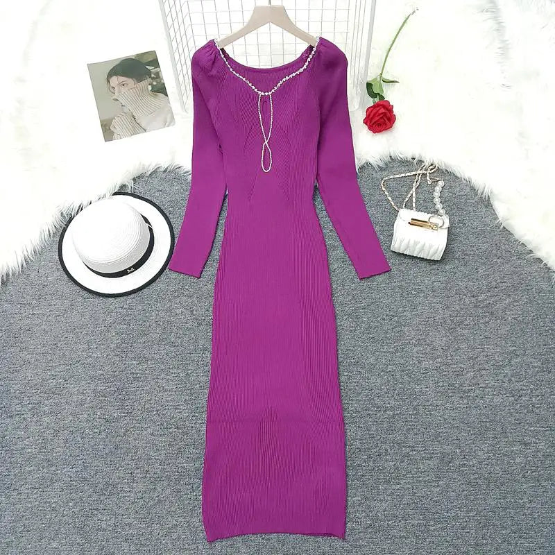 2024 French Square Neck Long Sleeve Knit Dress for Women - Elegant Solid Diamond Office Dress for Autumn Winter | Perfect for Work, Parties & Formal Occasions