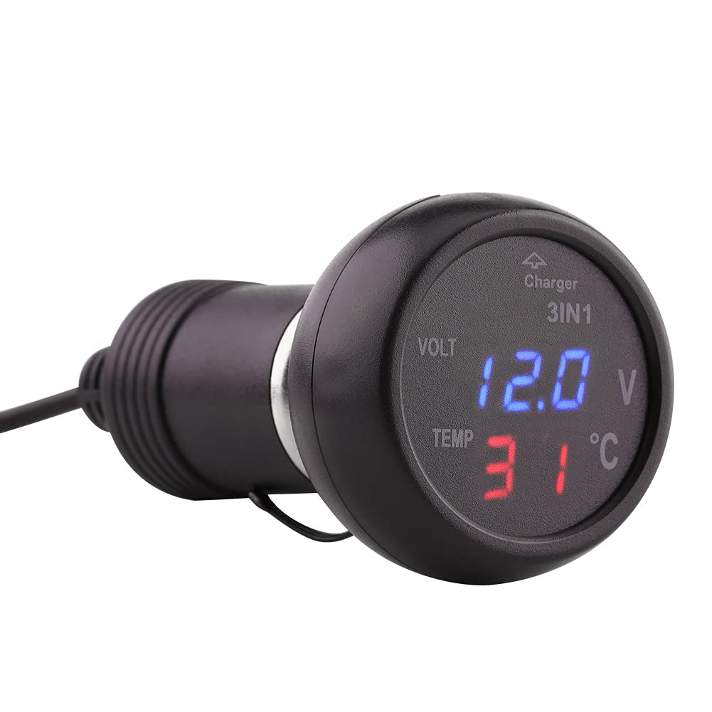 Dual LED Digital Display Battery Charging Gauge with Voltmeter & Thermometer - 12V Car Cigarette Lighter USB Charger (Blue/Red) - Perfect for RV, Truck, Boat & Automotive Battery Monitoring