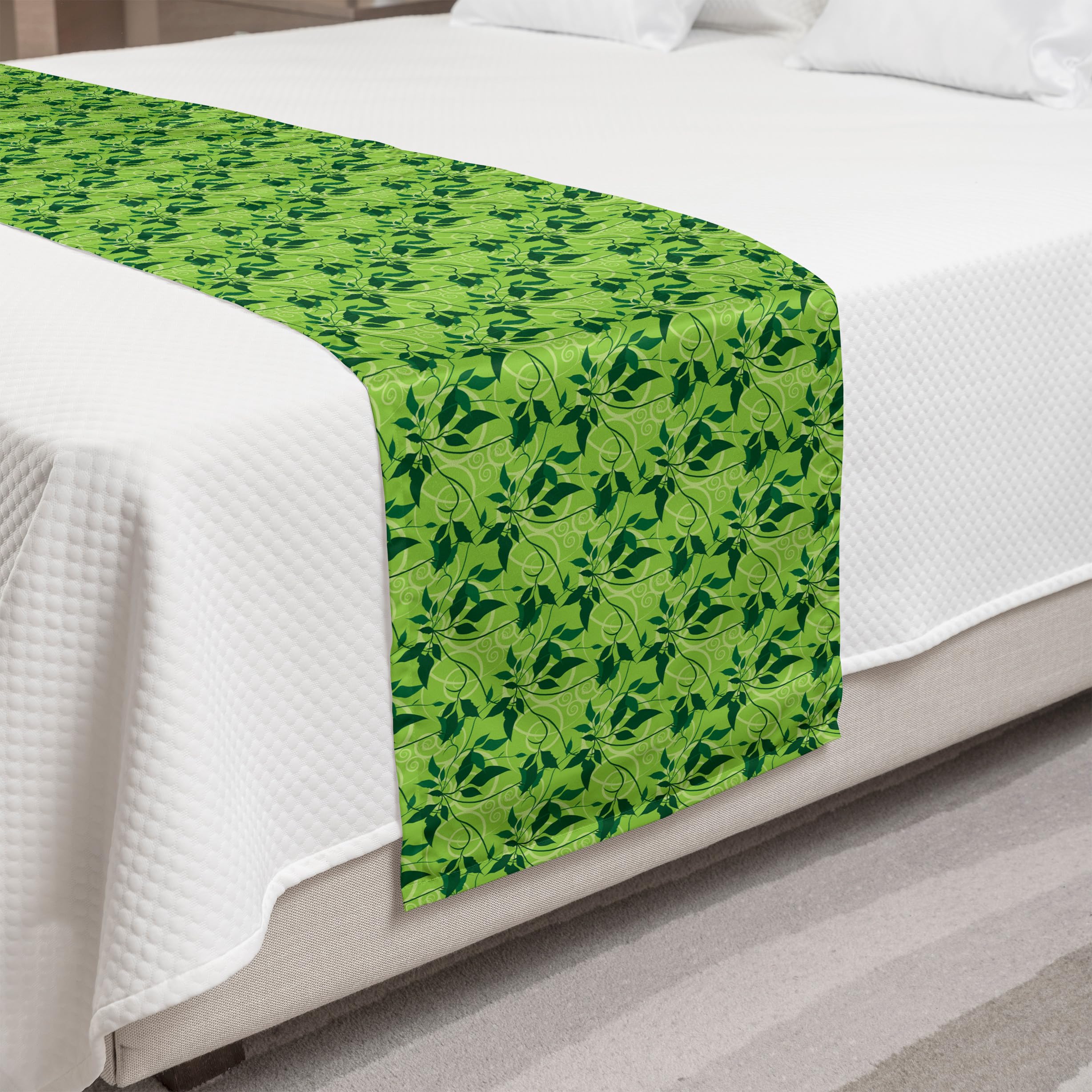 Ambesonne Botanical Leaf Pattern Bed Runner with Swirl Background - King Size Decorative Bed Scarf in Lime & Hunter Green for Hotels, Homes & Guest Rooms | Perfect for Bedroom Decor, Wedding Accents & Seasonal Home Styling