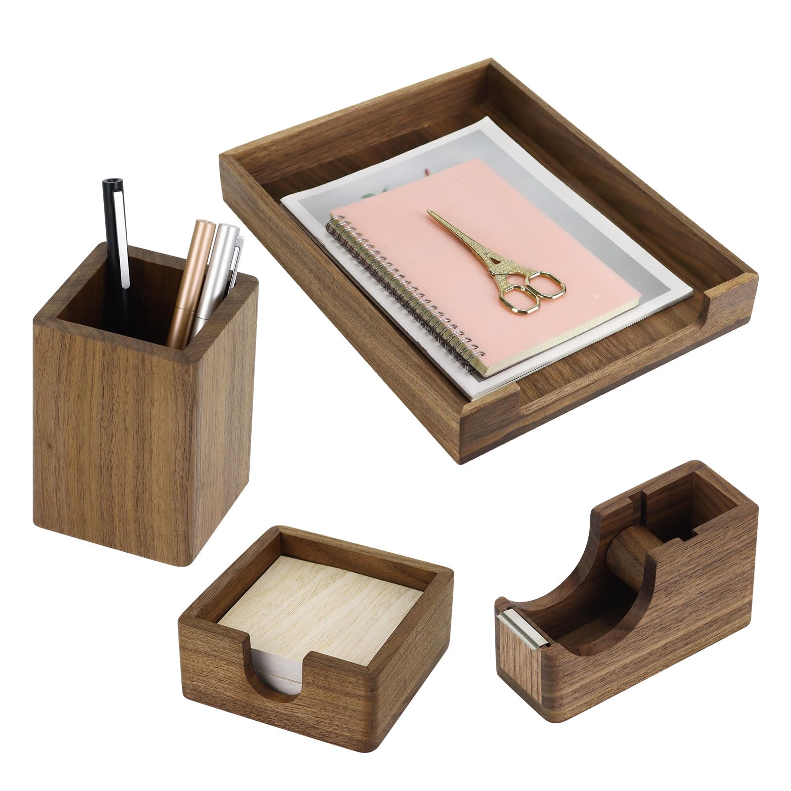 Premium Walnut Wood Desk Organizer Set - 4-Piece Office Accessories with Letter Tray, Pen Holder, Sticky Note Holder & Tape Dispenser for Home & Office Organization | Perfect for Workstation, Study Desk & Gift Idea