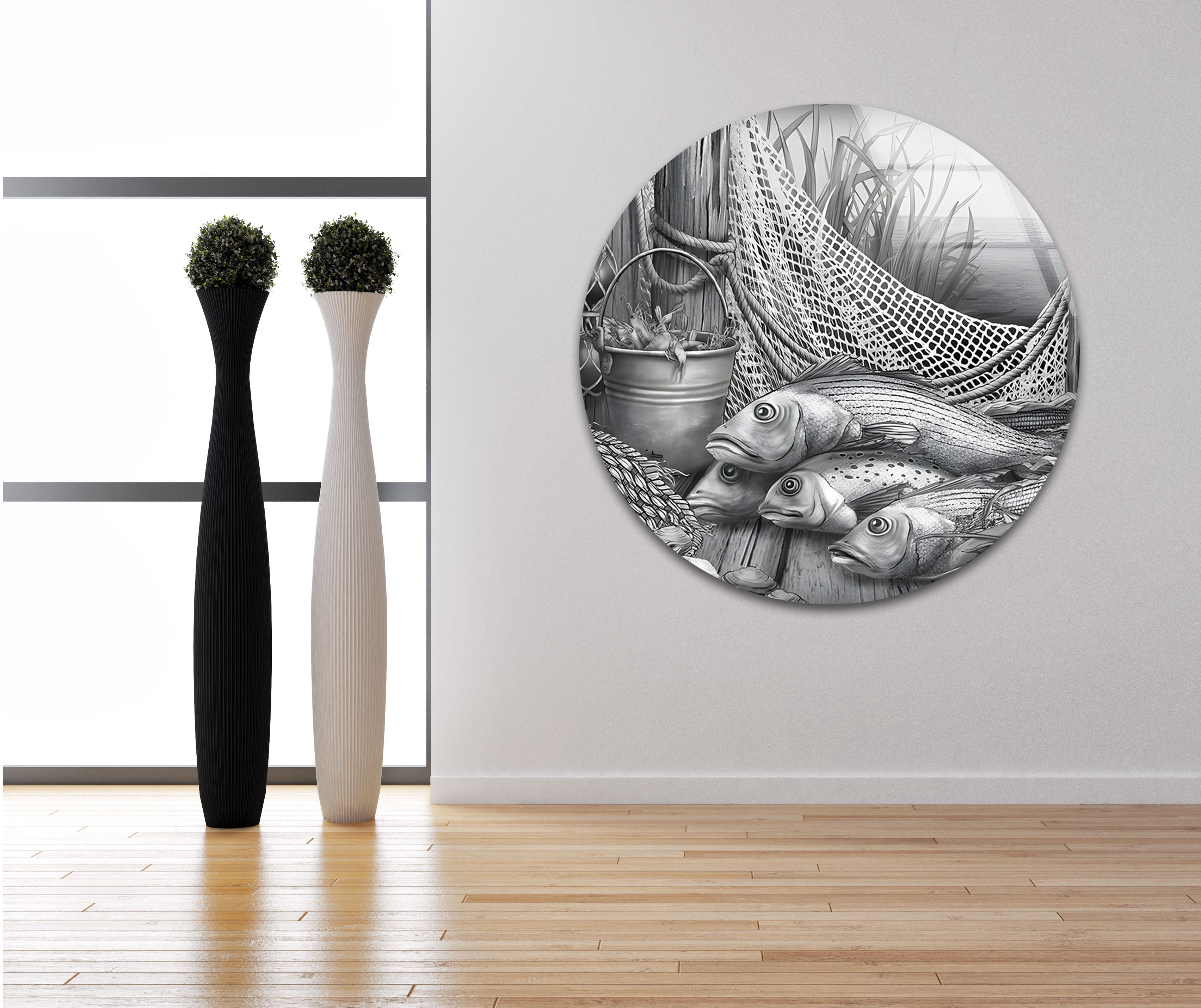 Black and White Fish Art Glass Wall Decor - Elegant Ocean-Themed Mural for Living Room, Bedroom & Office