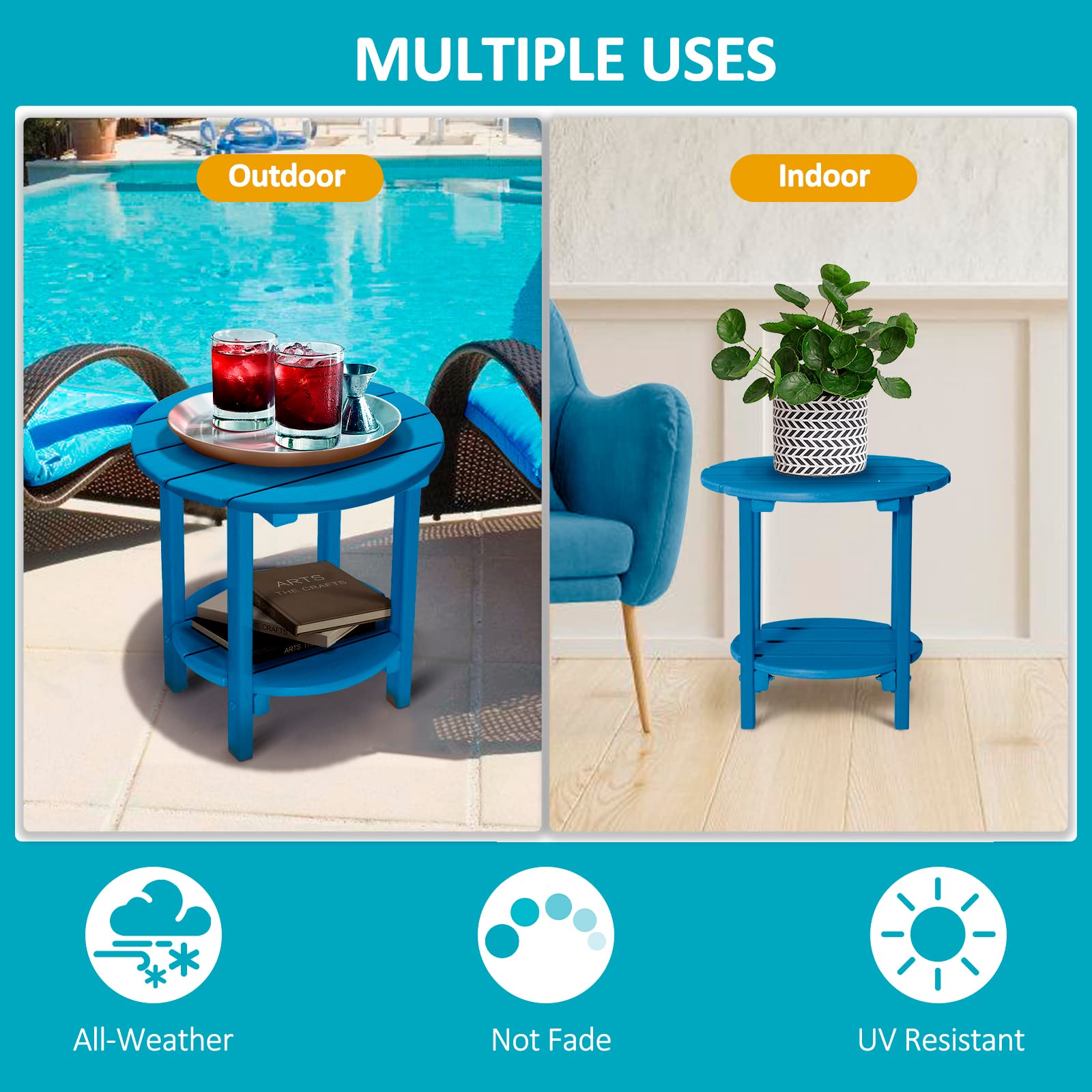 2-Tier Round Outdoor Side Table with Wood-Like Grain - 17.7