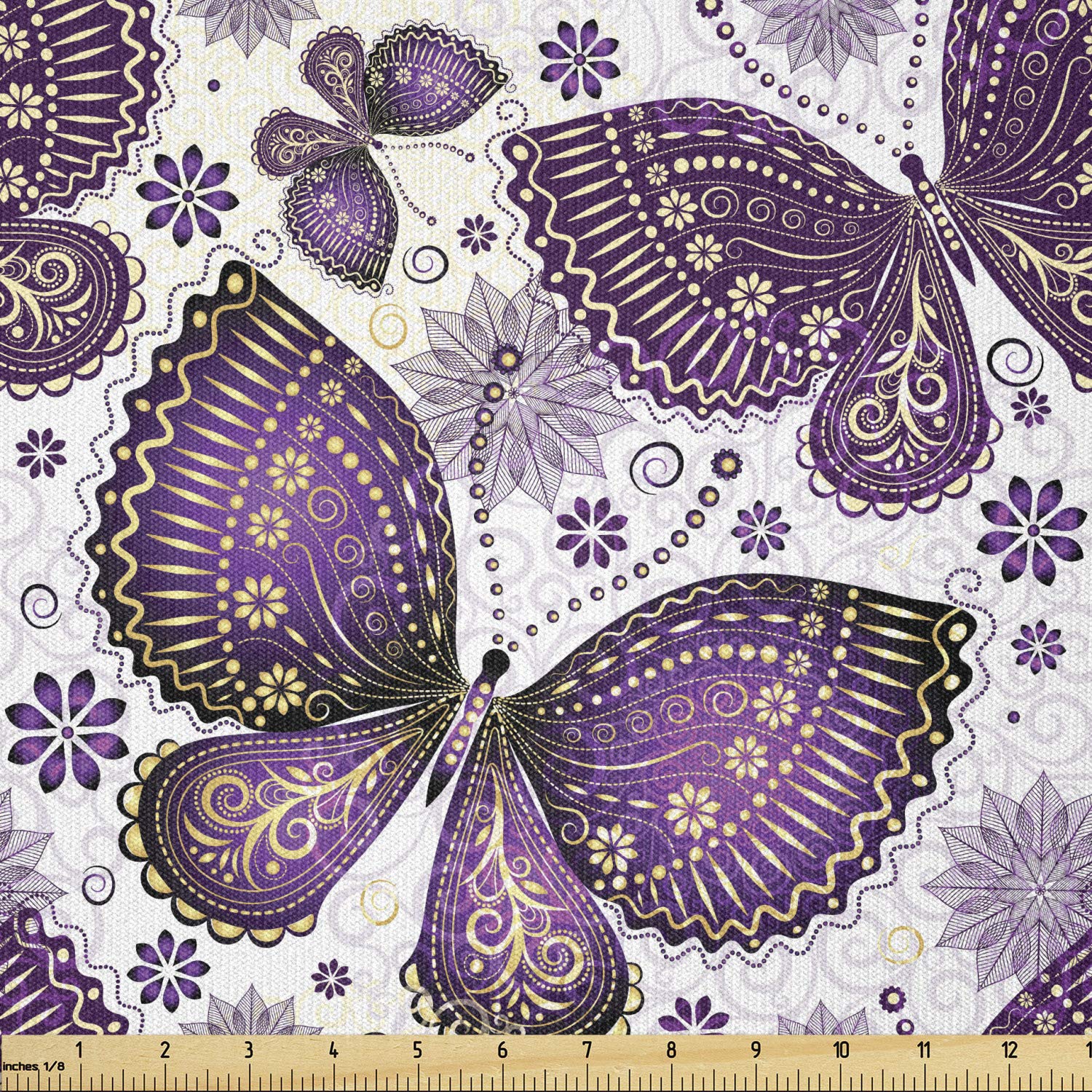 Ambesonne 5 Yards Natural Stretch Knit Fabric - Purple White Butterfly Paisley Floral Print for DIY Clothing, Sewing & Craft Projects | Perfect for Dresses, Scarves, Home Decor & Art Projects