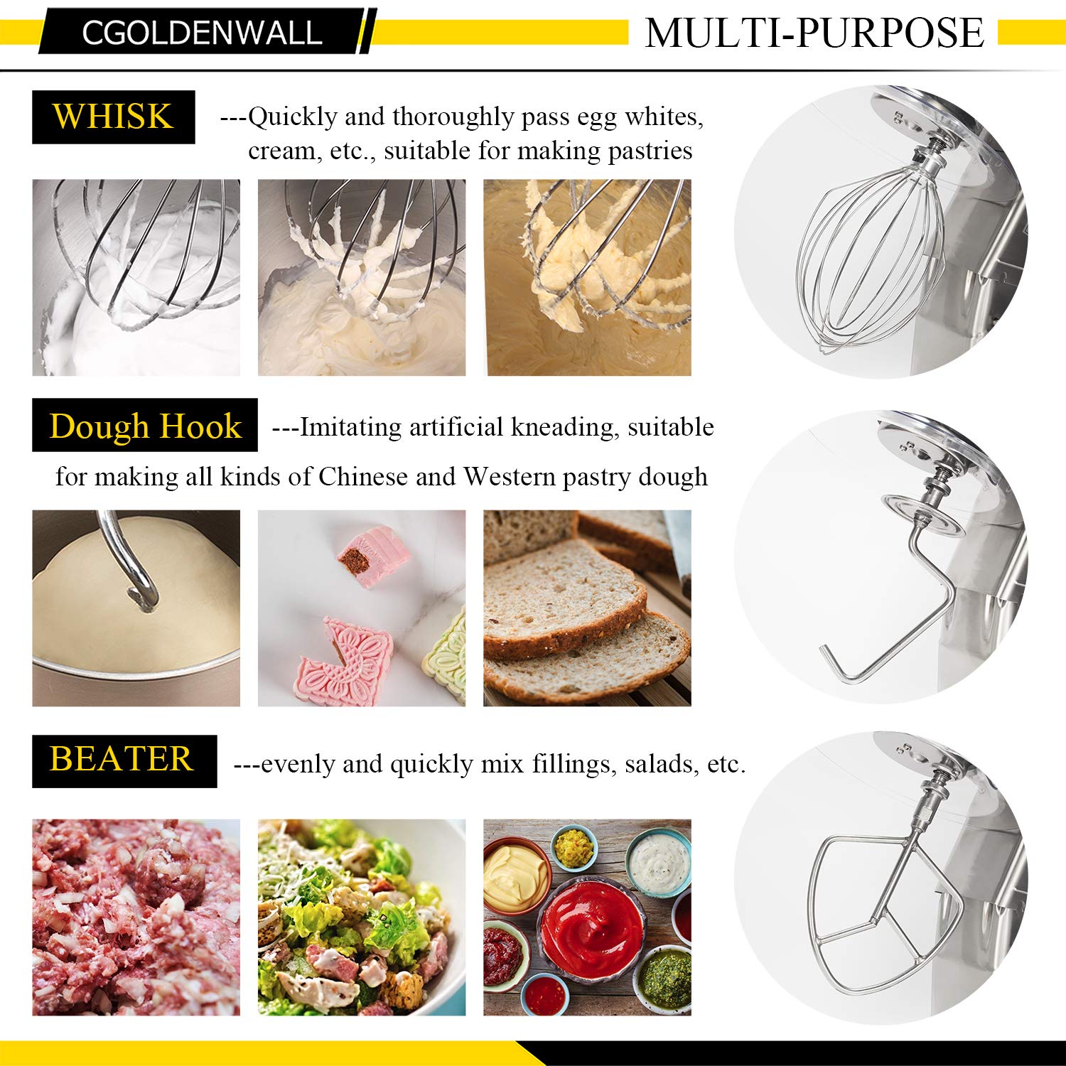 CGOLDENWALL 7L (6.6 Quarts) Tilt-Head Stand Mixer - Stainless Steel Kitchen Food Mixer with Dough Hook, Egg Whisk & Beater - Perfect for Baking Bread, Cakes, Cookies & Pastries - Multi-Functional Dough Mixer & Egg Beater (Model SL-B7)