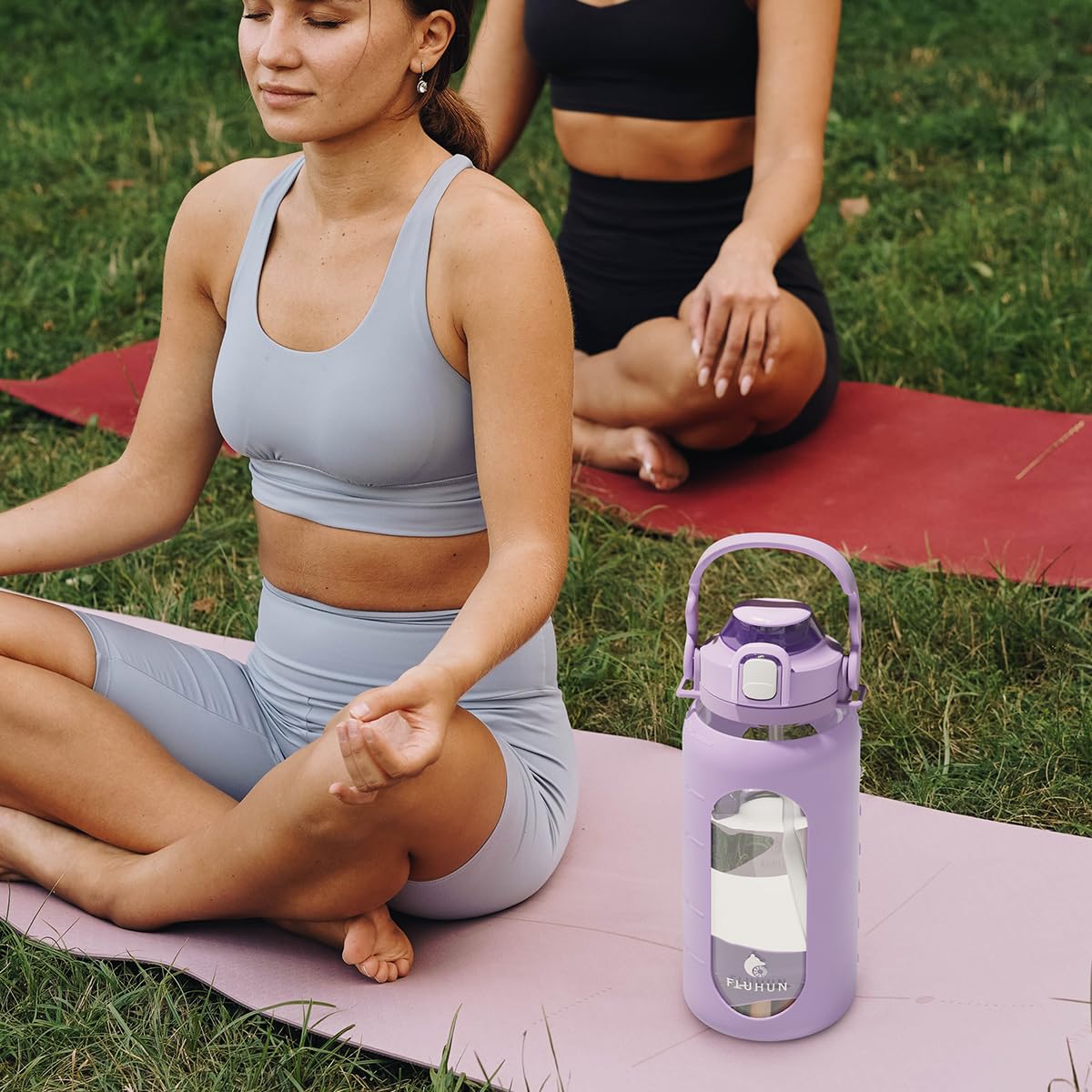 64Oz Glass Water Bottle with Straw Lid & Handle - Half Gallon Motivational Water Bottle with Time Marker, Silicone Sleeve & Strap - Large Sport Water Jug for Gym, Hiking, Office & Outdoor Activities (Purple)