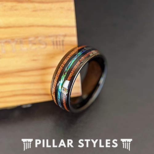 Premium Abalone & Koa Wood Inlay Tungsten Wedding Band for Men - 8mm Comfort Fit Black Ring - Unique Anniversary Gift for Him - Perfect for Tropical Weddings, Beach Proposals & Romantic Occasions