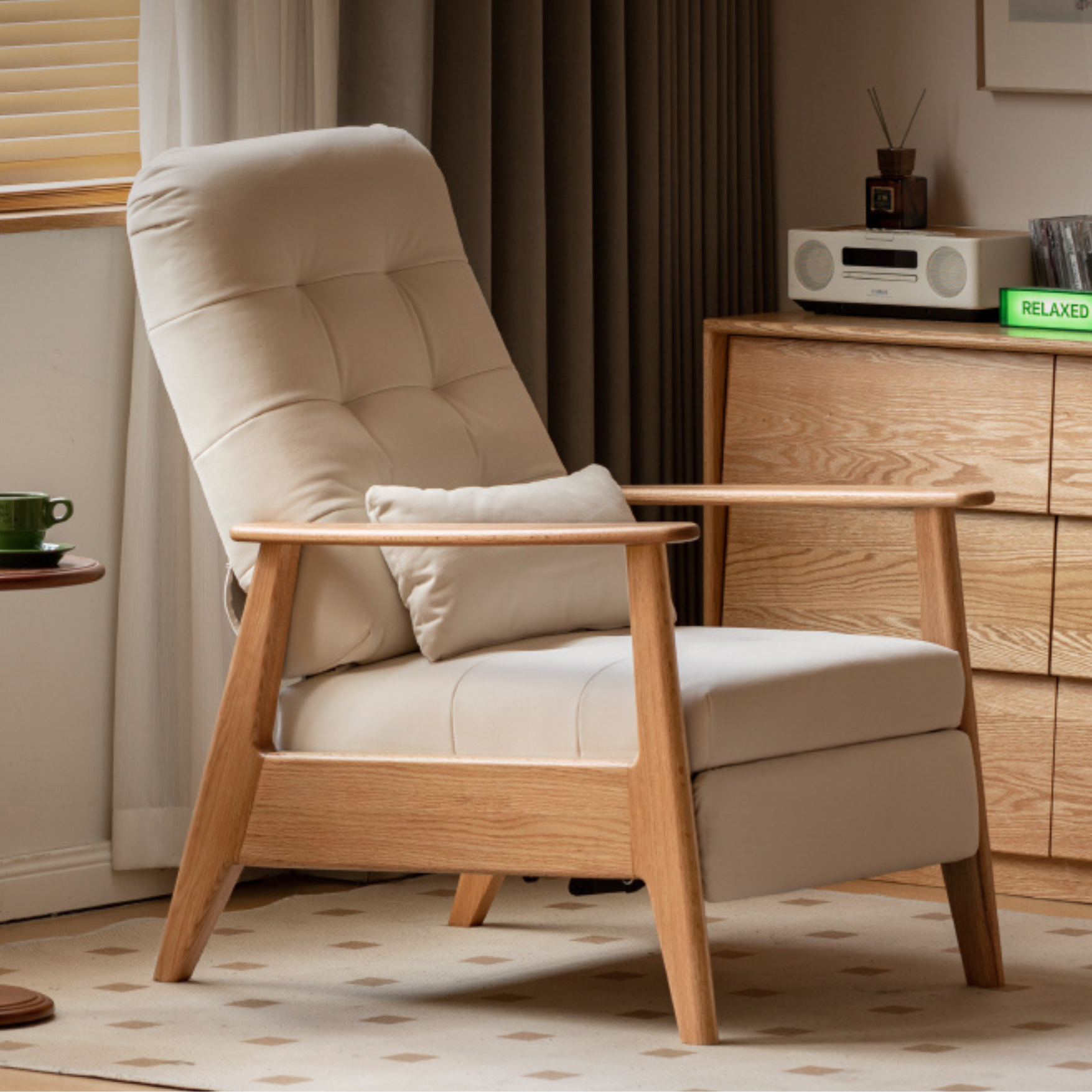 Premium Oak Solid Wood Multifunctional Fabric Lounge Chair - Comfortable Living Room, Bedroom, or Office Seating for Relaxation and Leisure