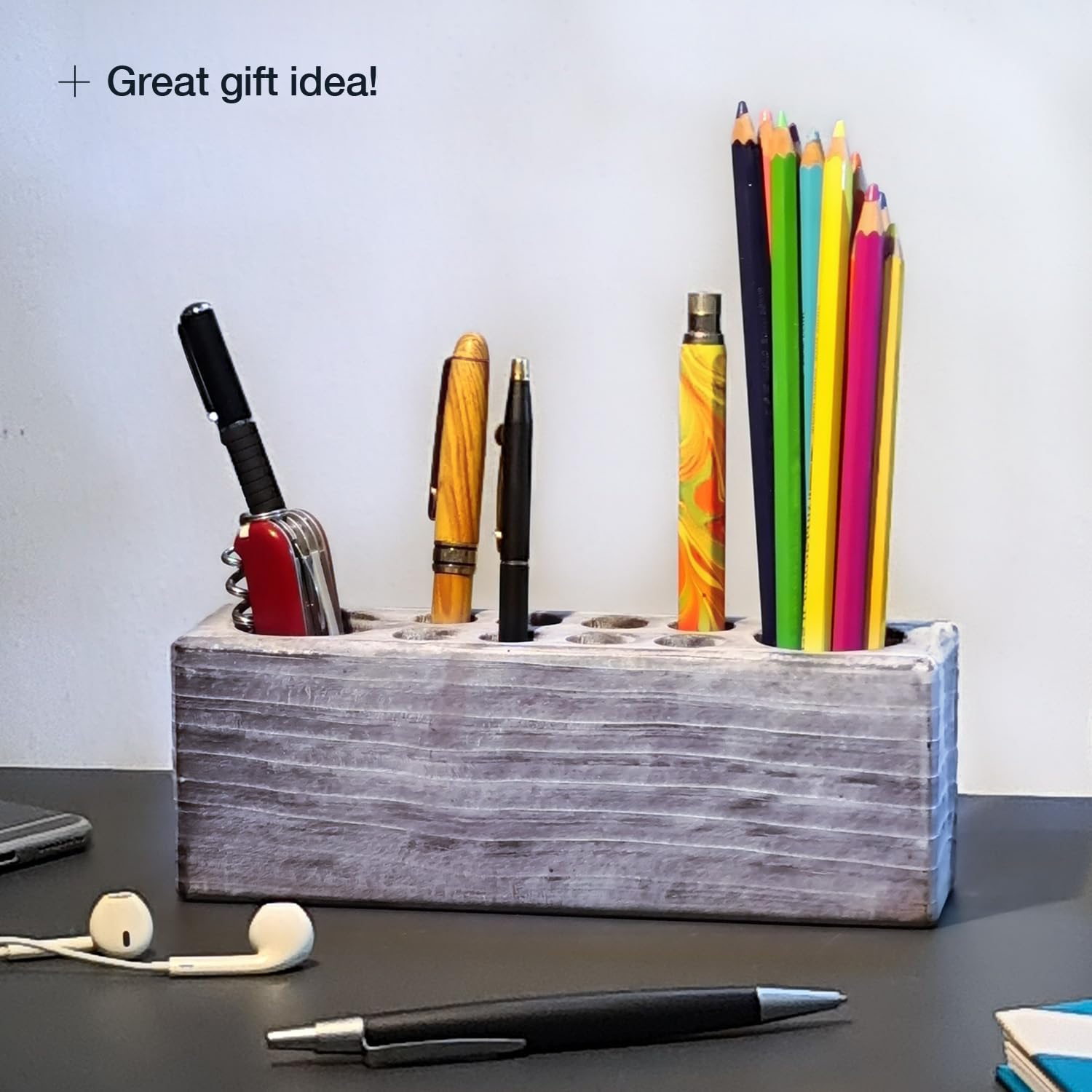 Rustic Whitewashed Wooden Pen Holder - Grey Solid Wood Desk Organizer for Office & Home | Perfect for Paint Brushes, Markers, and Art Supplies Storage | Ideal for Artists, Students, and Workspaces