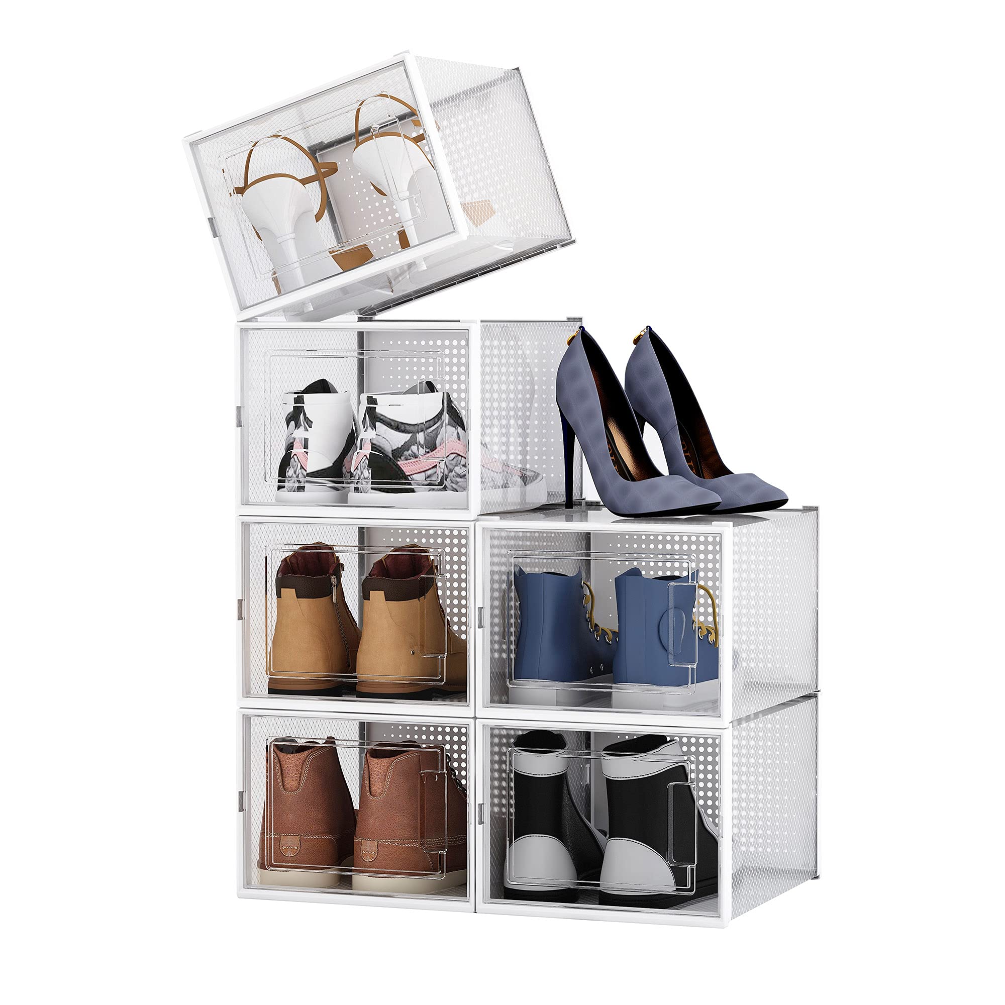 Yescom 6 Pack Clear Stackable Shoe Storage Boxes - Foldable Shoe Organizer Bins for Closets, Sneaker Containers for Home & Apartment Organization - Perfect for Bedroom, Entryway, and Small Space Storage (Large Size, White)
