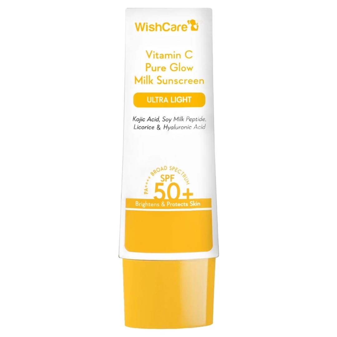 WishCare Vitamin C Pure Glow Milk Sunscreen SPF 50 PA++++ - Broad Spectrum Lightweight Sunscreen for Dry & Oily Skin (50g) | Daily UV Protection for Face & Body | Perfect for Outdoor Activities, Beach & Travel