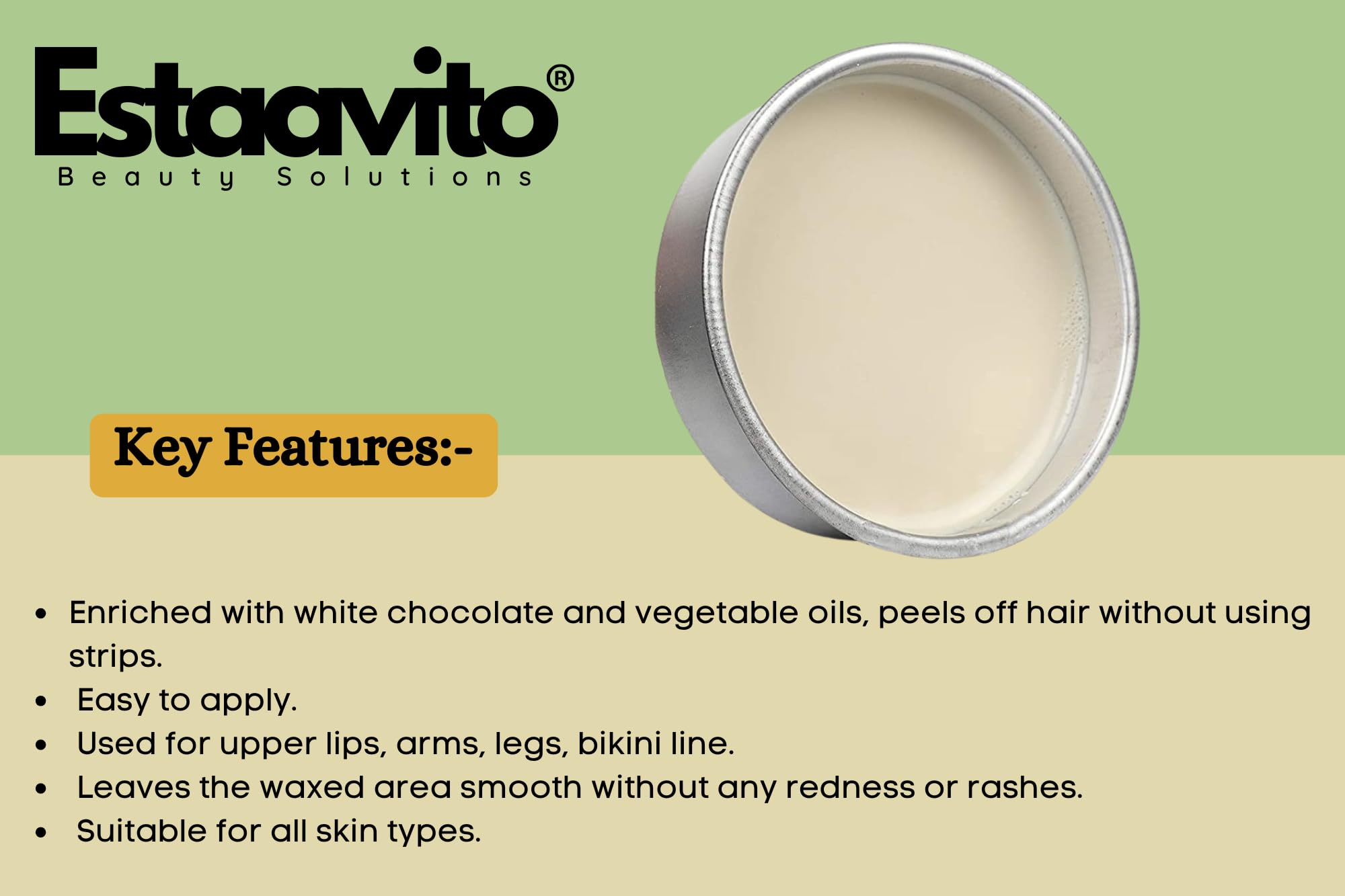 ESTAAVITO White Chocolate Wax Pack 80g - Facial Hair Removal Wax for Face, Upper Lips & Chin - Natural Katori Wax for Smooth Skin - Perfect for Home Spa & Beauty Care