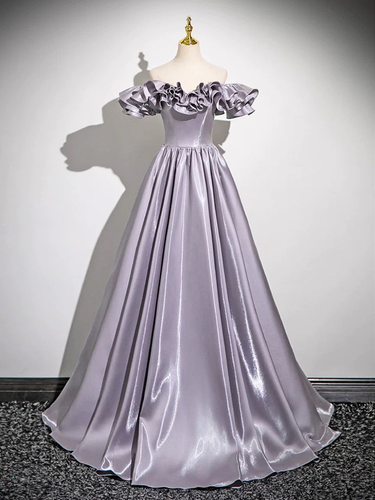 Elegant A-Line Off Shoulder Satin Gray Long Prom Dress - Formal Evening Gown for Homecoming, Wedding & Special Occasions