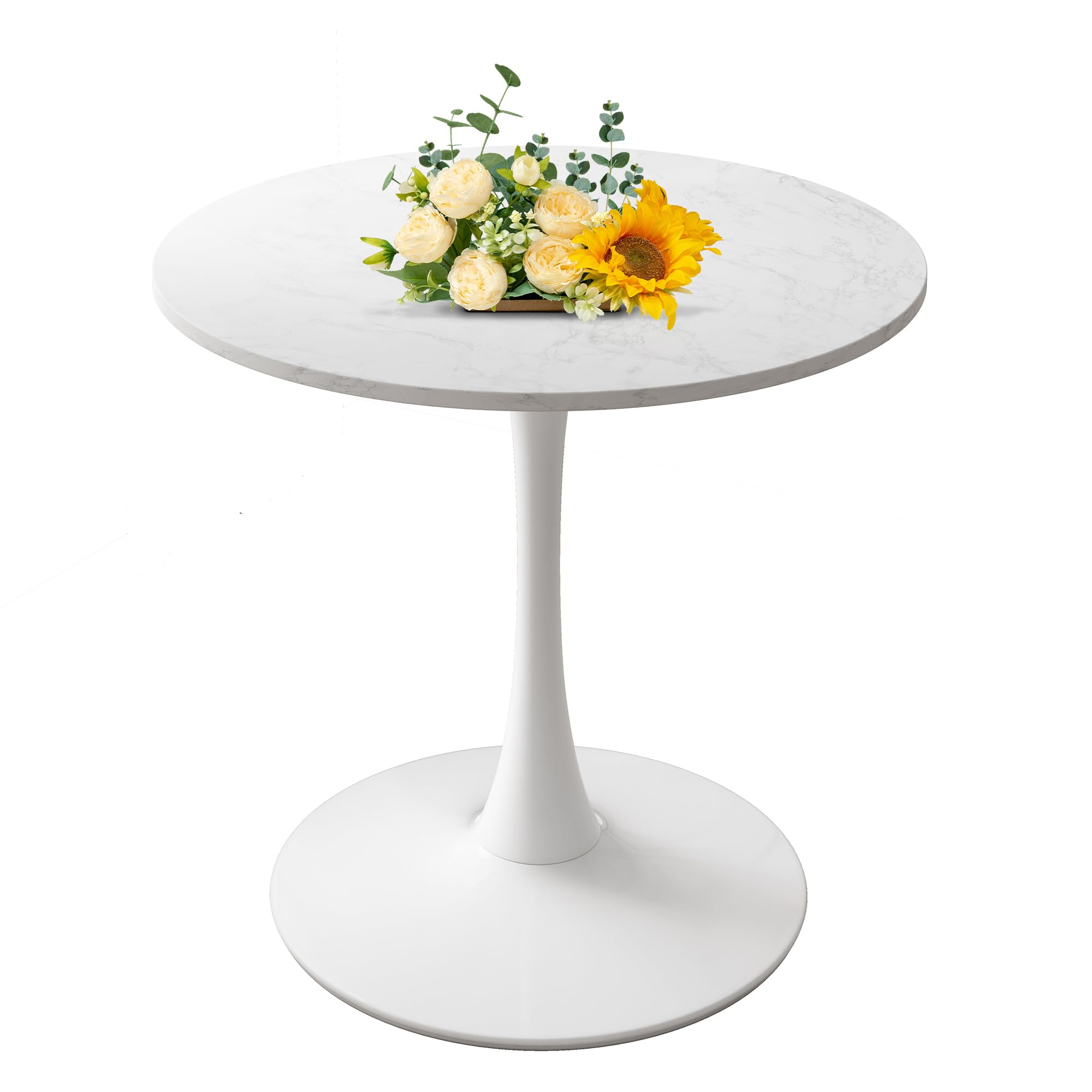 31.5 Inch Round Dining Table - Mid-Century Tulip Table with Sturdy Metal Pedestal Base | Modern Space-Saving Kitchen Table | Easy Assembly Marble Top White Finish | Perfect for Small Apartments & Cozy Dining Rooms