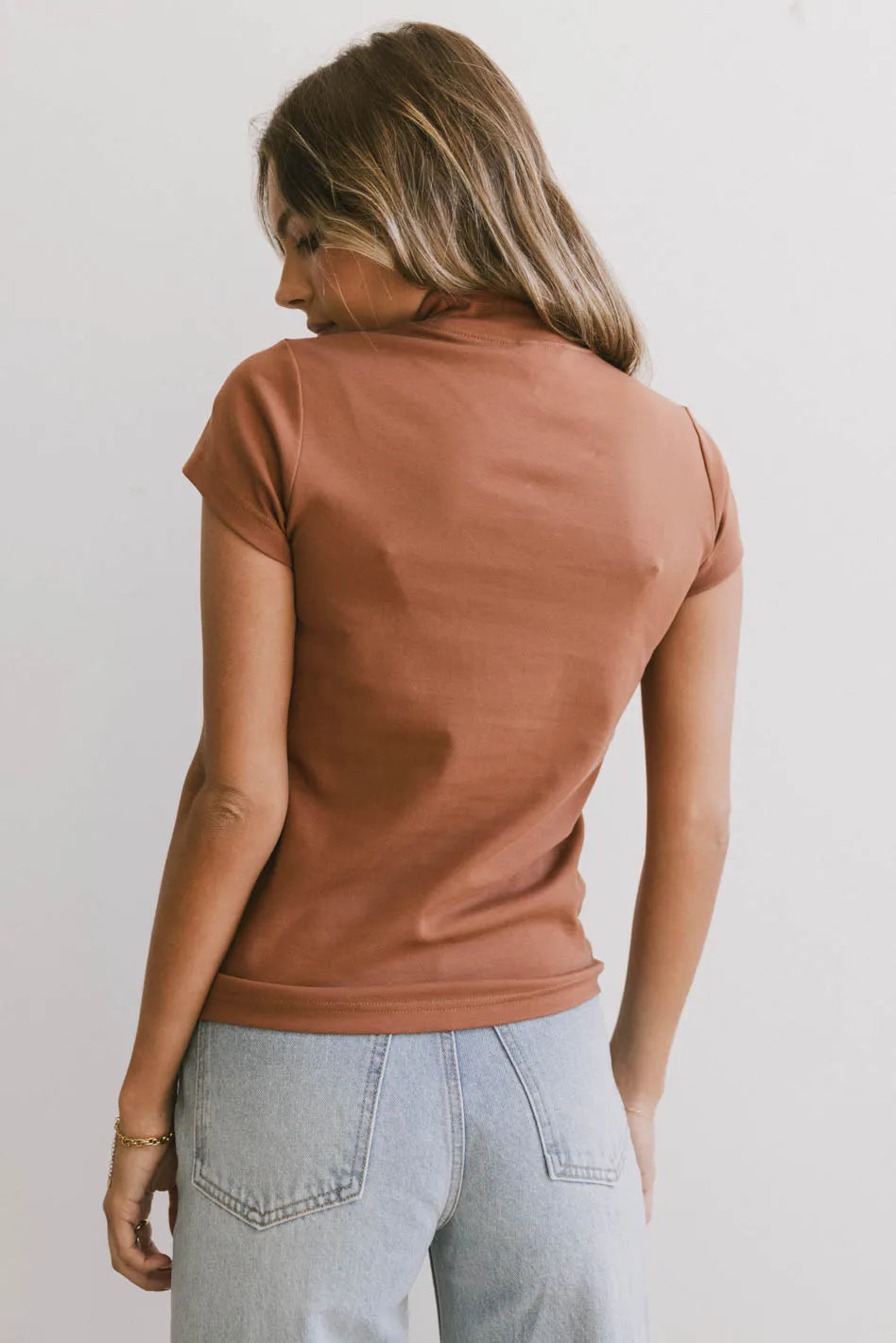 Marley Mock Neck Tee in Rust - Soft Cotton Stretch T-Shirt for Women | Casual Wear, Layering & Everyday Outfits