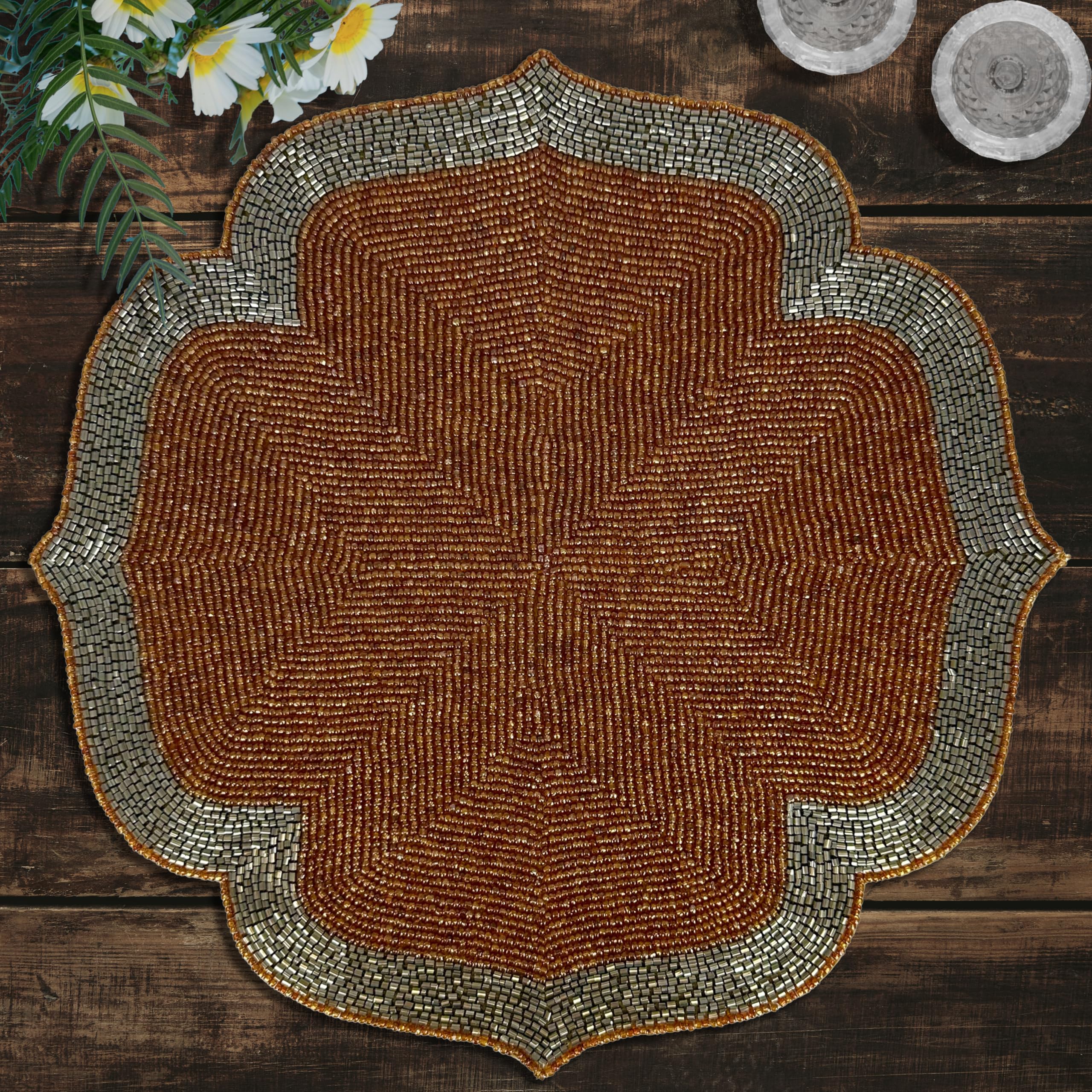 Decozen Beaded Placemats Set of 2 - 14 Inch Heat Resistant Charger Plates for Dining Table, Kitchen, Wedding & Party Decor - Burnt Orange & Silver - Perfect for Spring Home Decor, Valentine's Day & Birthday Celebrations