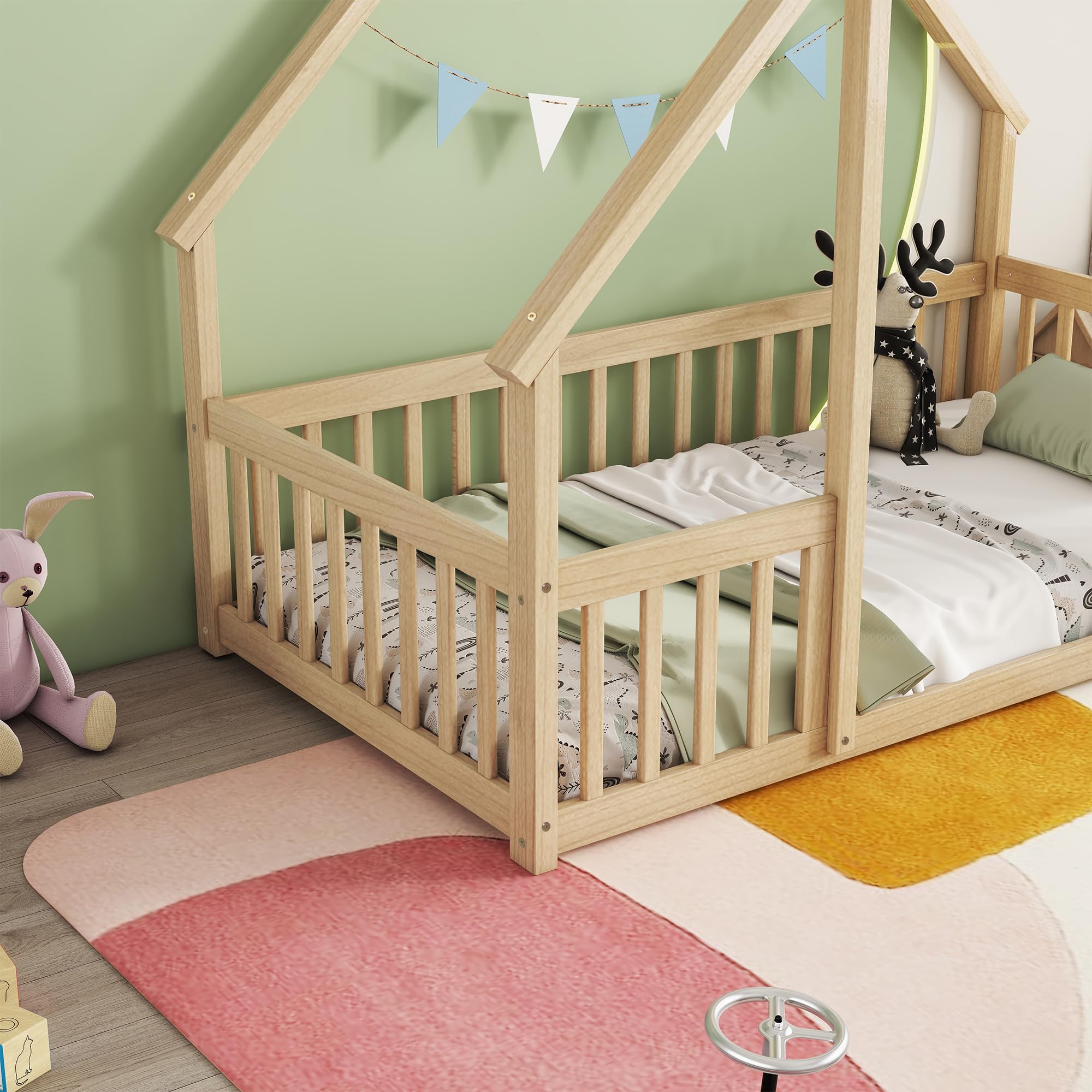 Bellemave Twin Size Wooden House Floor Bed Frame for Kids - Montessori Style with Safety Fence & Playhouse Design - Perfect for Boys & Girls Bedroom, Playroom or Montessori Classroom