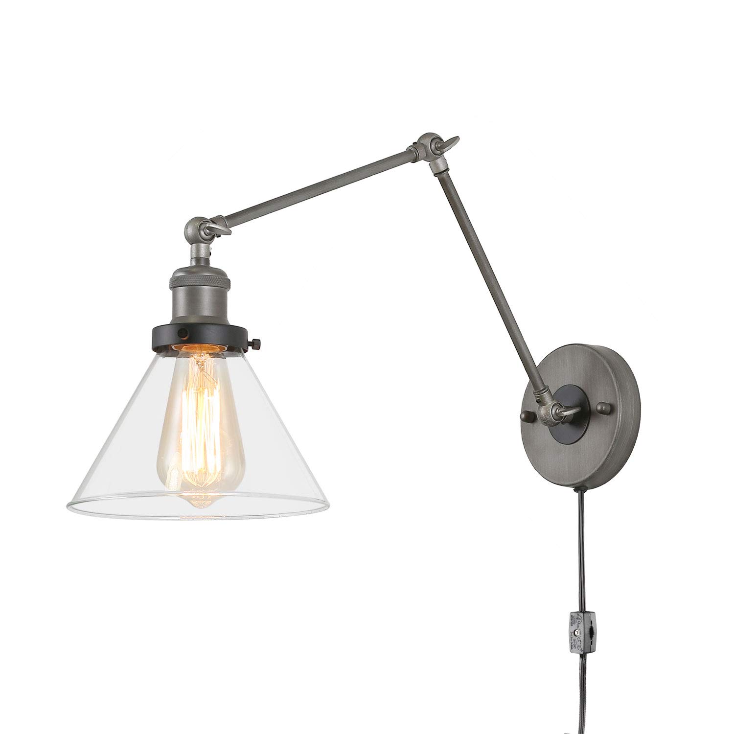 LNC Swing Arm Wall Sconce Lighting - Adjustable Plug-in Glass Lamp for Bedroom, Living Room, Reading Nook | Modern Wall Light Fixture with On/Off Switch, Perfect for Nighttime Reading and Ambient Lighting