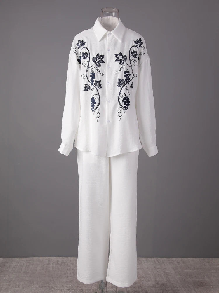 Stylish Big Size Embroidery Shirt & Wide Leg Pants 2-Piece Suit for Women | Lapel Long Sleeve Fashion Set | Trendy Spring & Autumn Outfit 2025 | Perfect for Office, Dating & Special Occasions