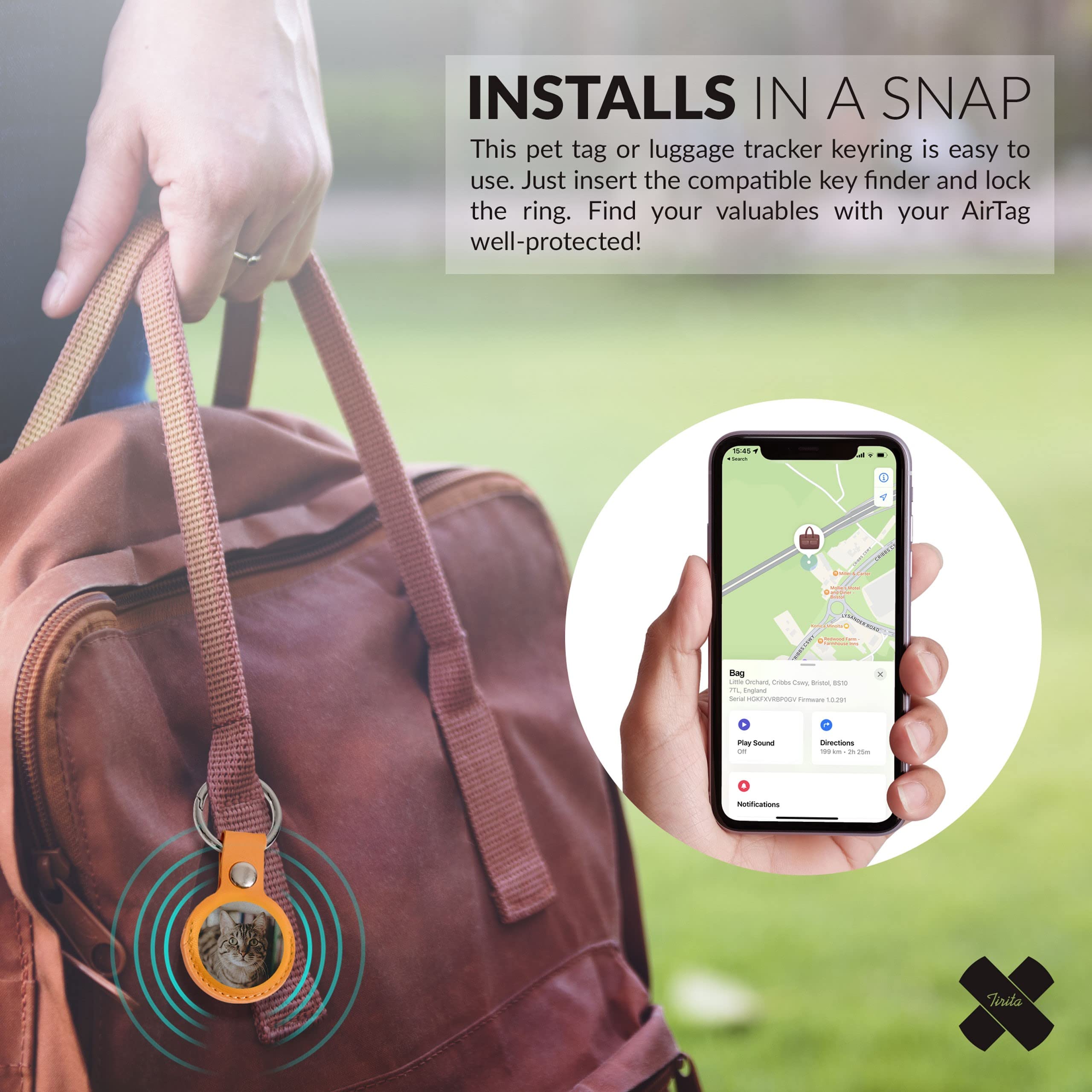 Personalized Custom Photo Leather AirTag Keychain Holder - Compatible with Apple AirTag, Circle Photo on Yellow Background - Perfect for Keys, Wallets & Luggage Tracking