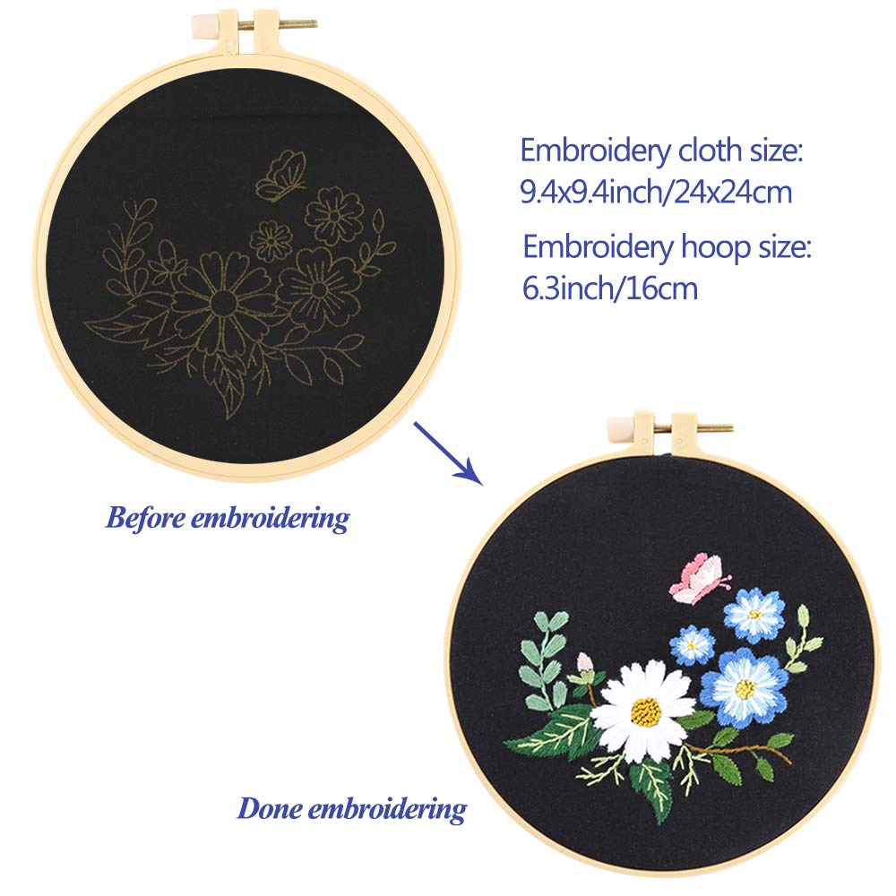 Cross Stitch Kits for Beginners & Adults - 3 Sets with Floral Embroidery Fabric, Hoop, Thread & Tools | DIY Home Decor, Gift Idea, Relaxing Craft Activity