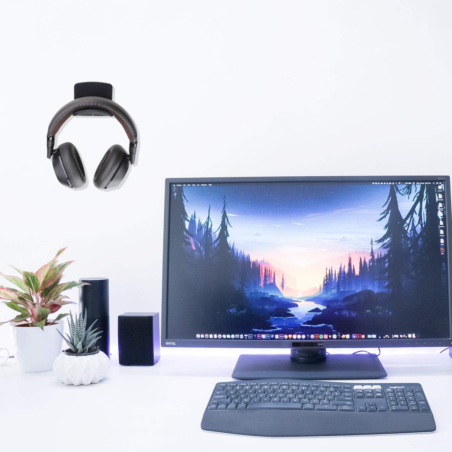 2 Pack Universal Adhesive & Screw Mount Headphone Hanger Hooks - Wall & Desk Gaming Headset Holder, Earphone Stand Rack (Black) - Perfect for Gaming Setup, Office & Home Organization
