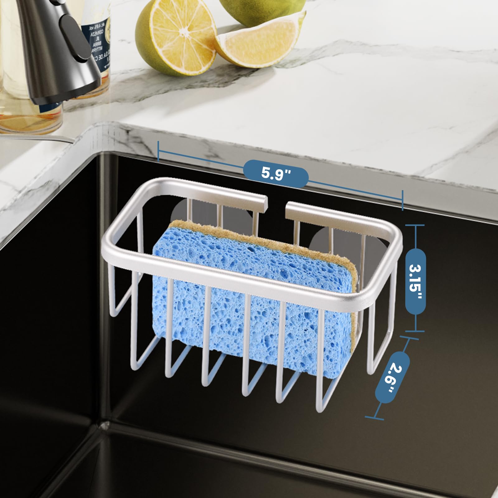 Stainless Steel Sponge Holder for Kitchen Sink - Aluminum Sink Caddy with Strong Suction Cups & Adhesive Hooks - Bathroom & Kitchen Organizer (Silver) - Perfect for Keeping Sponges Dry & Organized Near Sink
