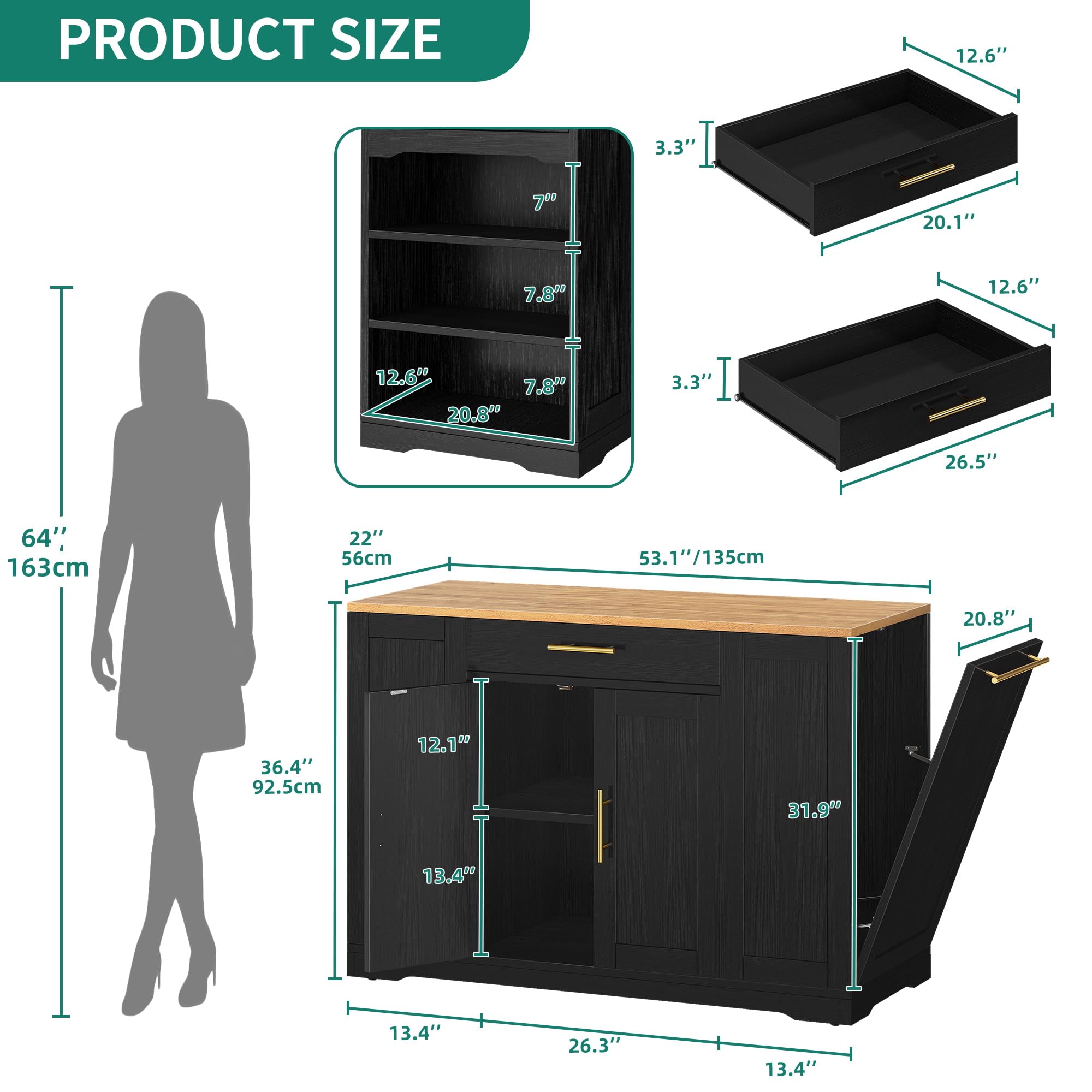 DWVO 53-Inch Large Kitchen Island with Storage & Seating - Rolling Cart with Trash Can Cabinet for 13 Gallon Bin - Portable Wheeled Kitchen Island Table for Small Spaces (Black) - Perfect for Meal Prep, Entertaining & Extra Counter Space