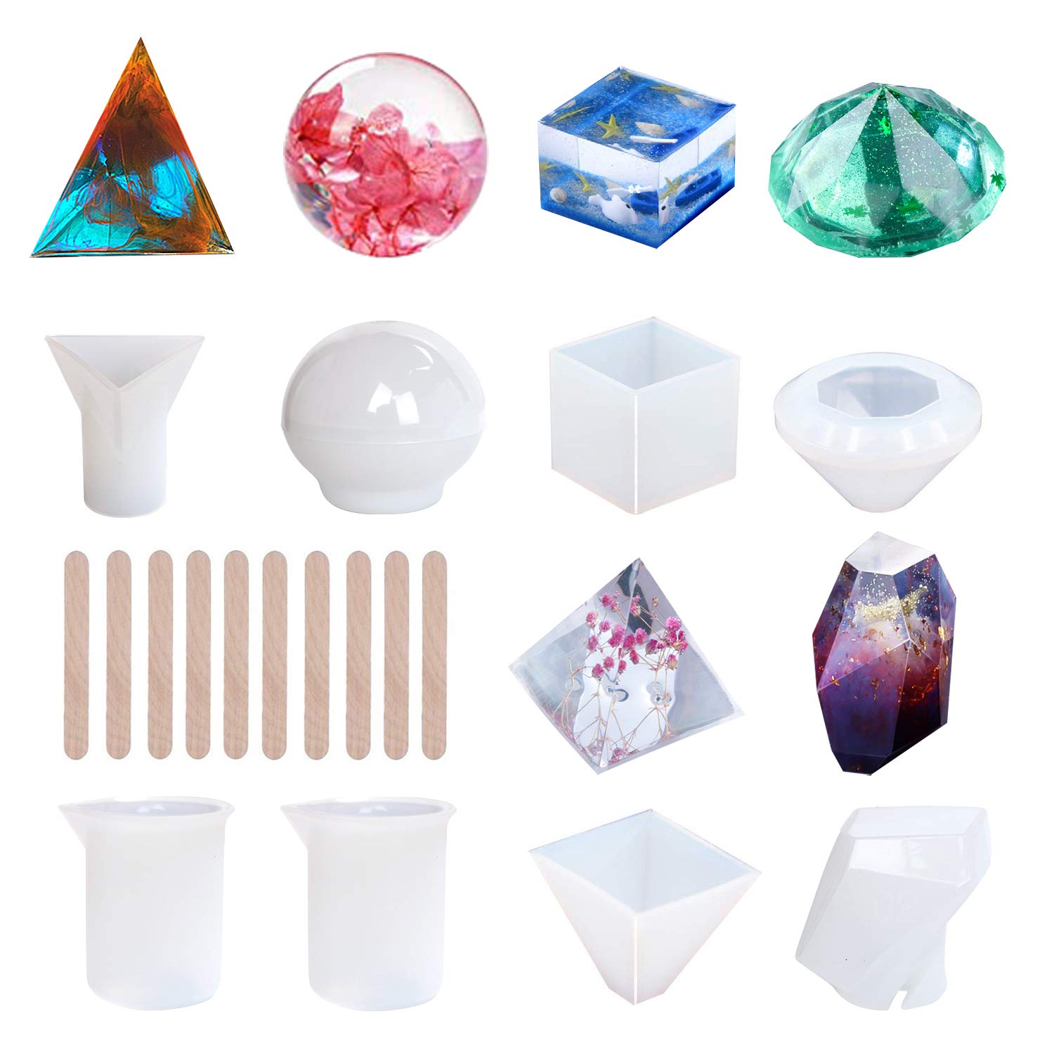 18Pcs Silicone Resin Molds Set - Epoxy Casting Molds for DIY Soap Making, Candle Making, Paperweights & Resin Art (Includes Sphere, Pyramid, Cube, Diamond Shapes) + Silicone Measuring Cups & Wooden Sticks - Perfect for Home Crafts, Gift Making & Creative Projects