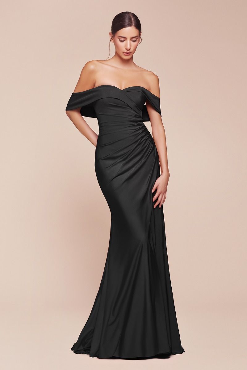 Freya Off Shoulder Stretch Spandex Gown Dress - Elegant Black Formal Evening Gown for Prom, Wedding Guest, Cocktail Party & Special Occasions