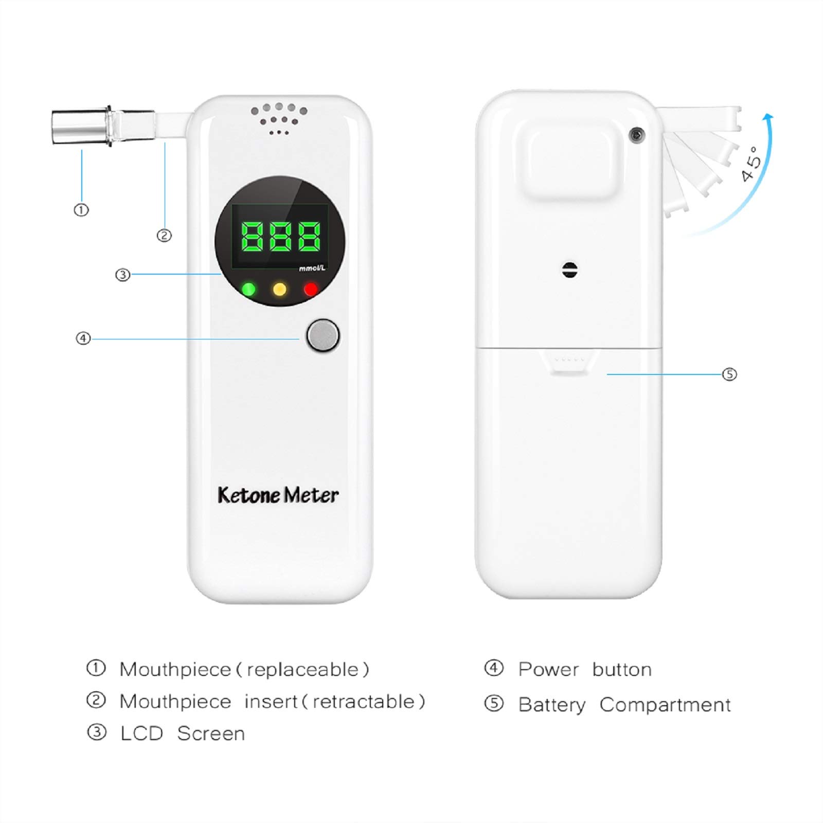 Ketosis Breath Tester - Portable Ketone Meter Breathalyzer for Ketogenic Diet & Weight Loss, Includes 10 Disposable Mouthpieces (White) | Monitor Ketosis Levels for Keto Diet, Intermittent Fasting & Low-Carb Lifestyle