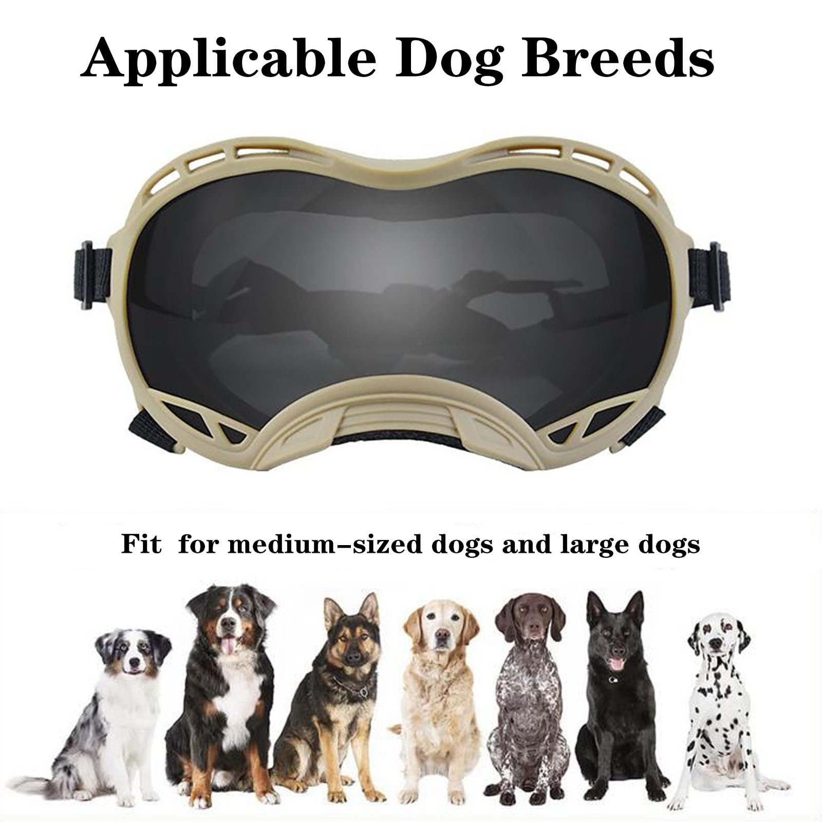 UV Protection Dog Goggles for Large Breeds - Windproof, Dustproof & Snowproof Sunglasses for Medium to Large Dogs - Perfect for Hiking, Skiing & Outdoor Adventures (Khaki Frame & Gray Lens, Large)
