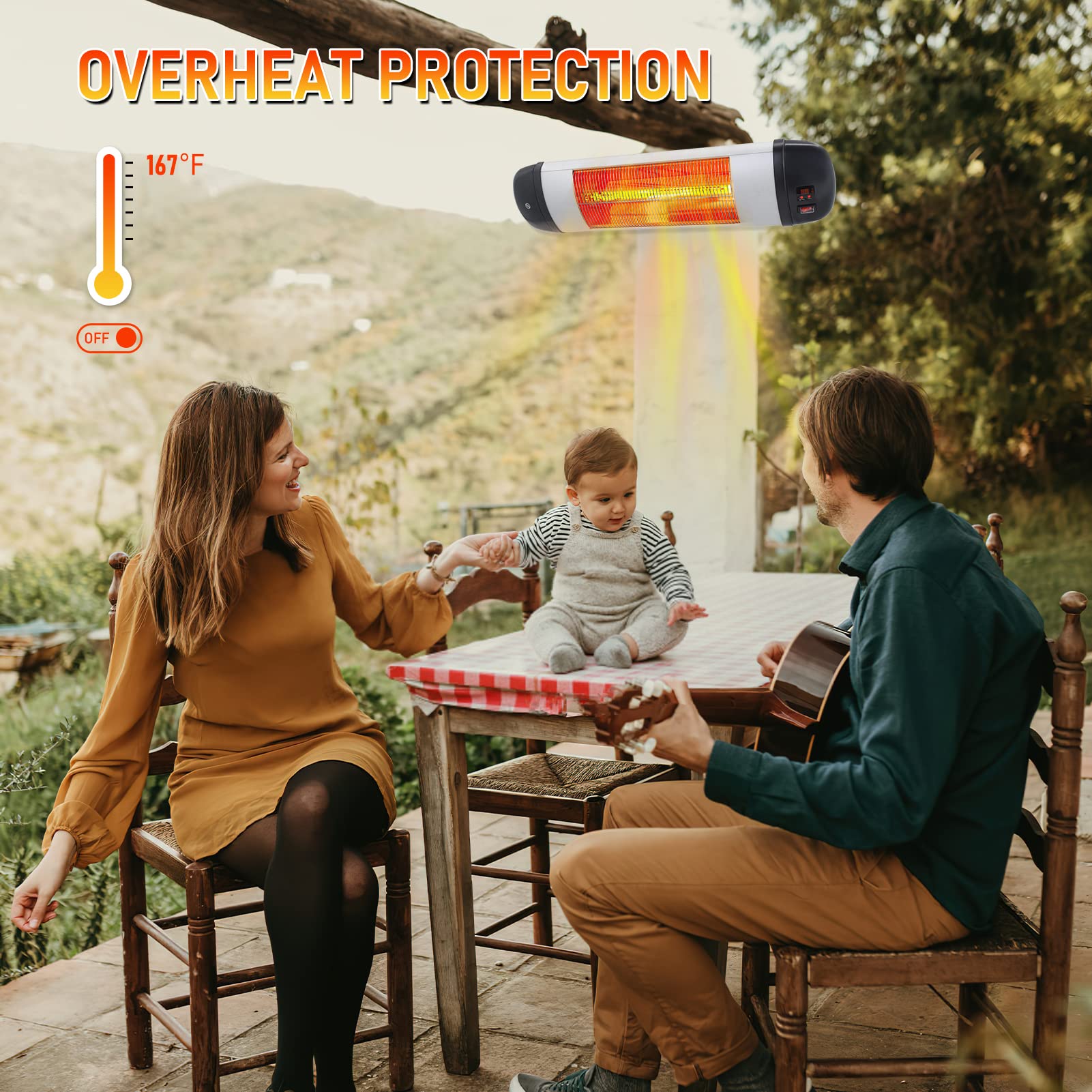 1500W Electric Patio Heater with Remote Control - 3 Heat Levels & 24H Timer - Wall Mounted Indoor/Outdoor Heater - IP34 Weatherproof - Perfect for Garage, Deck, and Backyard Use
